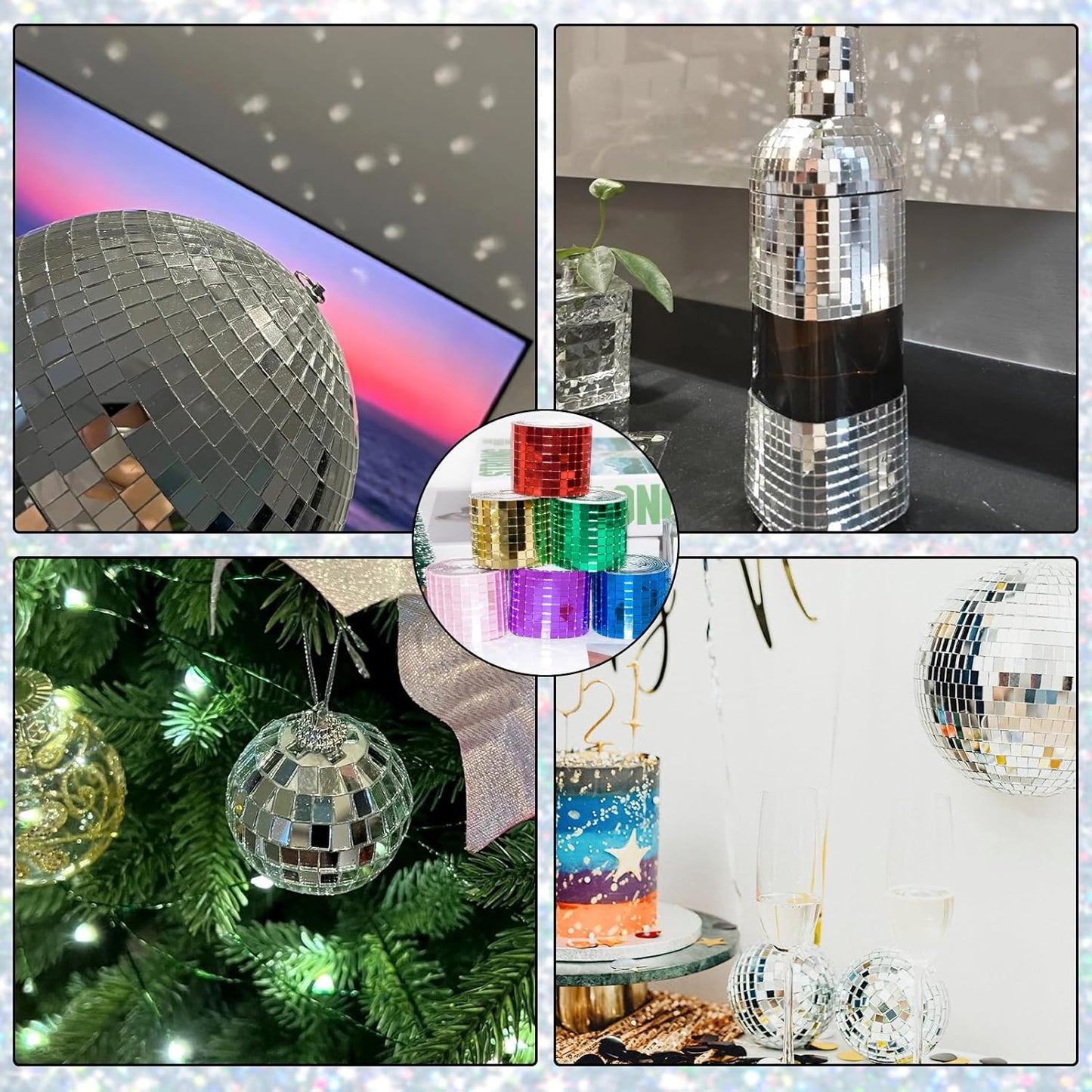 Silver Self-Adhesive Glass Mirror Mosaic Tiles, 5 x 5 mm Square Mirror Tiles, 3200 Pieces Disco Ball Tiles for DIY Craft, 2 Rolls Disco Mirror Tiles for Interior, Art Collage, Card Making, Cups