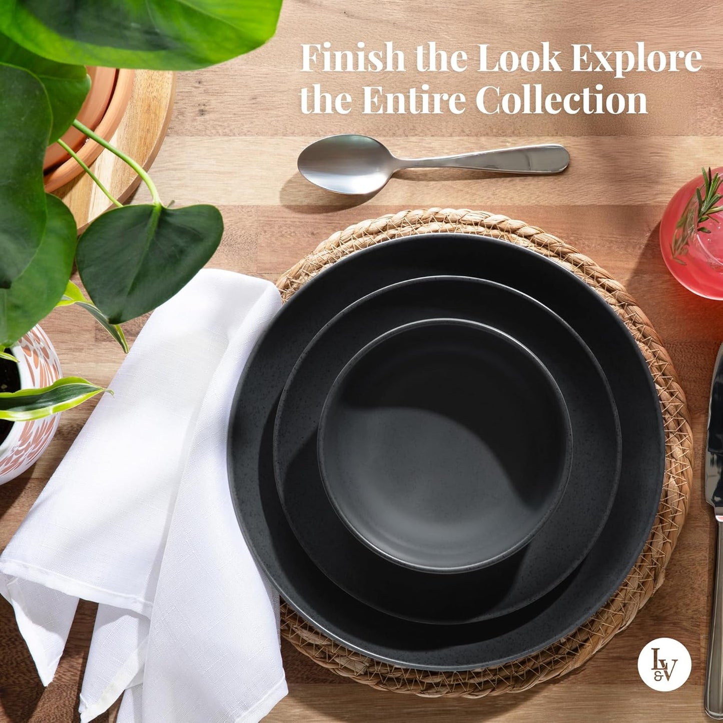 Larder & Vine 12-Piece Melamine Dinnerware Set: Durable, Lightweight, Break-Resistant Plates & Bowls – Stylish, Non-Toxic, Dishwasher Safe – Ideal for Everyday Use, Indoor & Outdoor Dining – Black