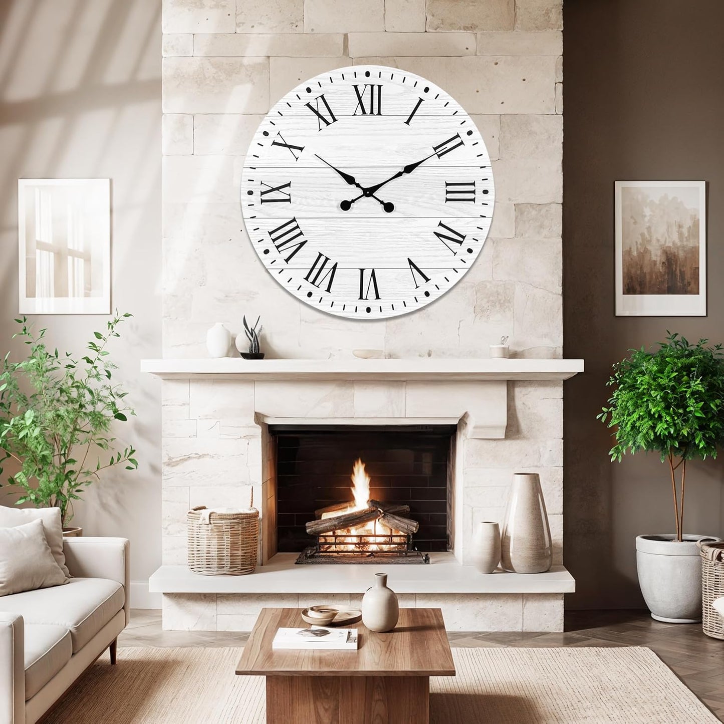 Large Wall Clock with Roman Numeral, 35.5” Shiplap Wall Clock Farmhouse Nearly Non-Ticking, Round Clock for Living Room Decor, Office, Bedroom, Entrance, White