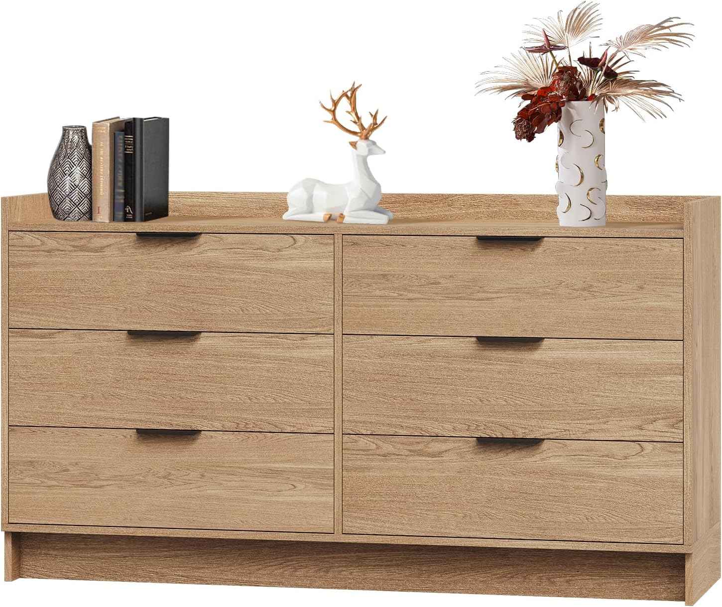 Modern Dresser with 6 Drawers 52.5" Wide Chest of Drawers with Metal Handle, Double Wooden Storage Cabinet with Deep Drawers & TV Stand Wood Closet Clothes Storage Organizer for Bedroom, Living Room,