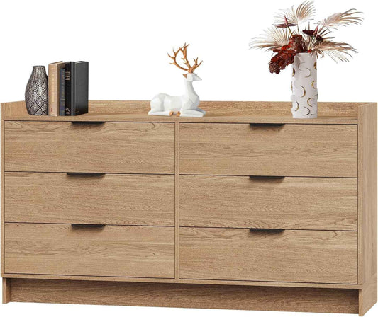 Modern Dresser with 6 Drawers 52.5" Wide Chest of Drawers with Metal Handle, Double Wooden Storage Cabinet with Deep Drawers & TV Stand Wood Closet Clothes Storage Organizer for Bedroom, Living Room,