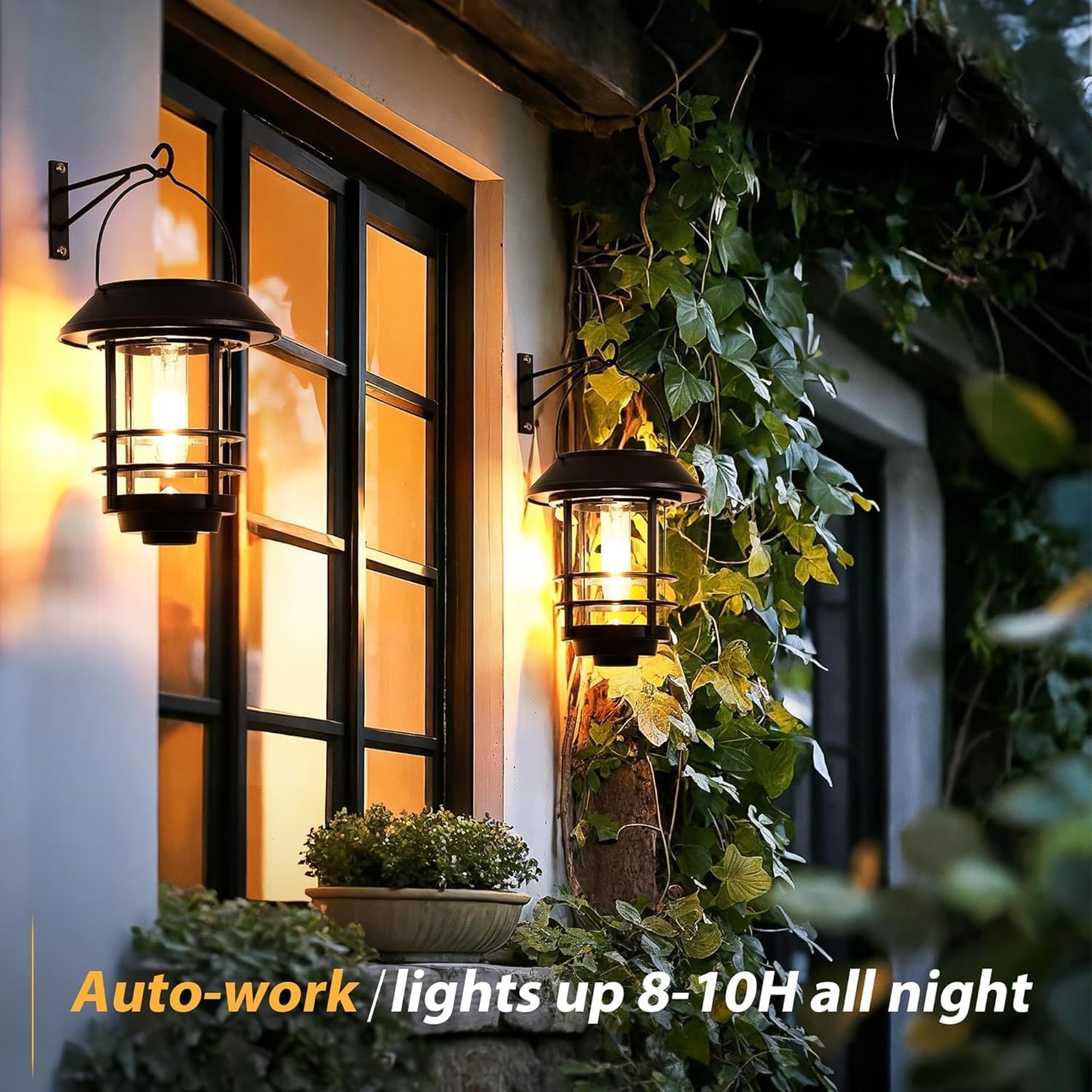 Otdair Solar Lanterns Outdoor Waterproof 2 Pack, Auto On/Off Hanging Solar Lights for Outside with Wall Mount, Glass Outdoor Lighting Outdoor Decorative for Wall, Front Porch, Yard, Garden, Fence