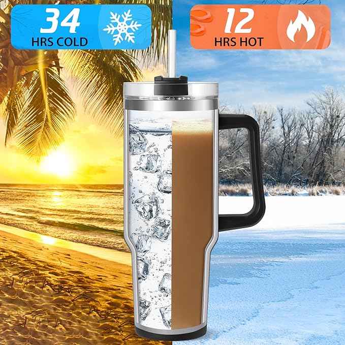 TaroKitc 40 oz Tumbler with Handle | Stainless Steel Insulated Travel Mug Iced Coffee Cup with Lids and Straw | Keeps Drinks Cold for 34 Hours | Dishwasher Safe, BPA Free | BLACK