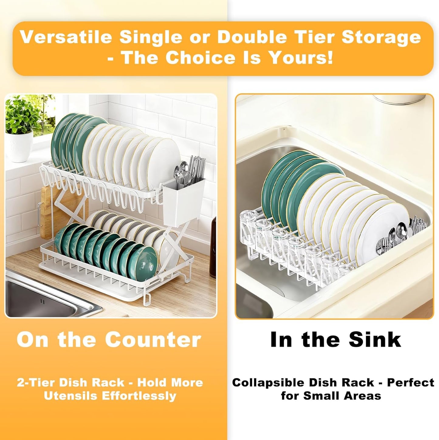 2-Tier Dish Racks for Kitchen Counter, Large Dish Drainers for Kitchens Counter Stainless Steel Kitchen Dishes Drying Rack, Space Saving Dishes Strainer for Bowl, Plate, Cup - Modern Counter Organizer