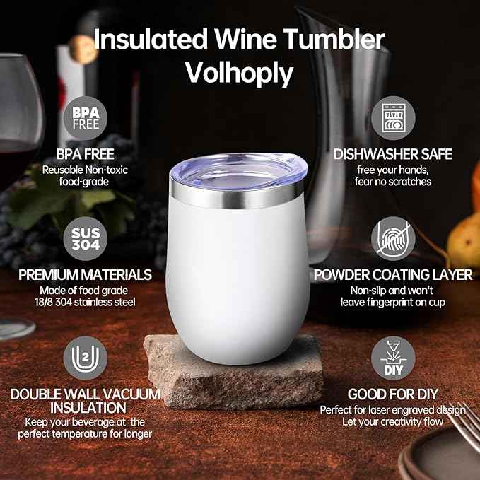 Volhoply 12oz Stainless Steel Wine Tumbler with Lid Bulk 12 Pack,Double Wall Vacuum Stemless Wine Glasses,Reusable Metal Travel Coffe Mug with Straw,Insulated Cups Gifts for Christmas（White,12 Set）