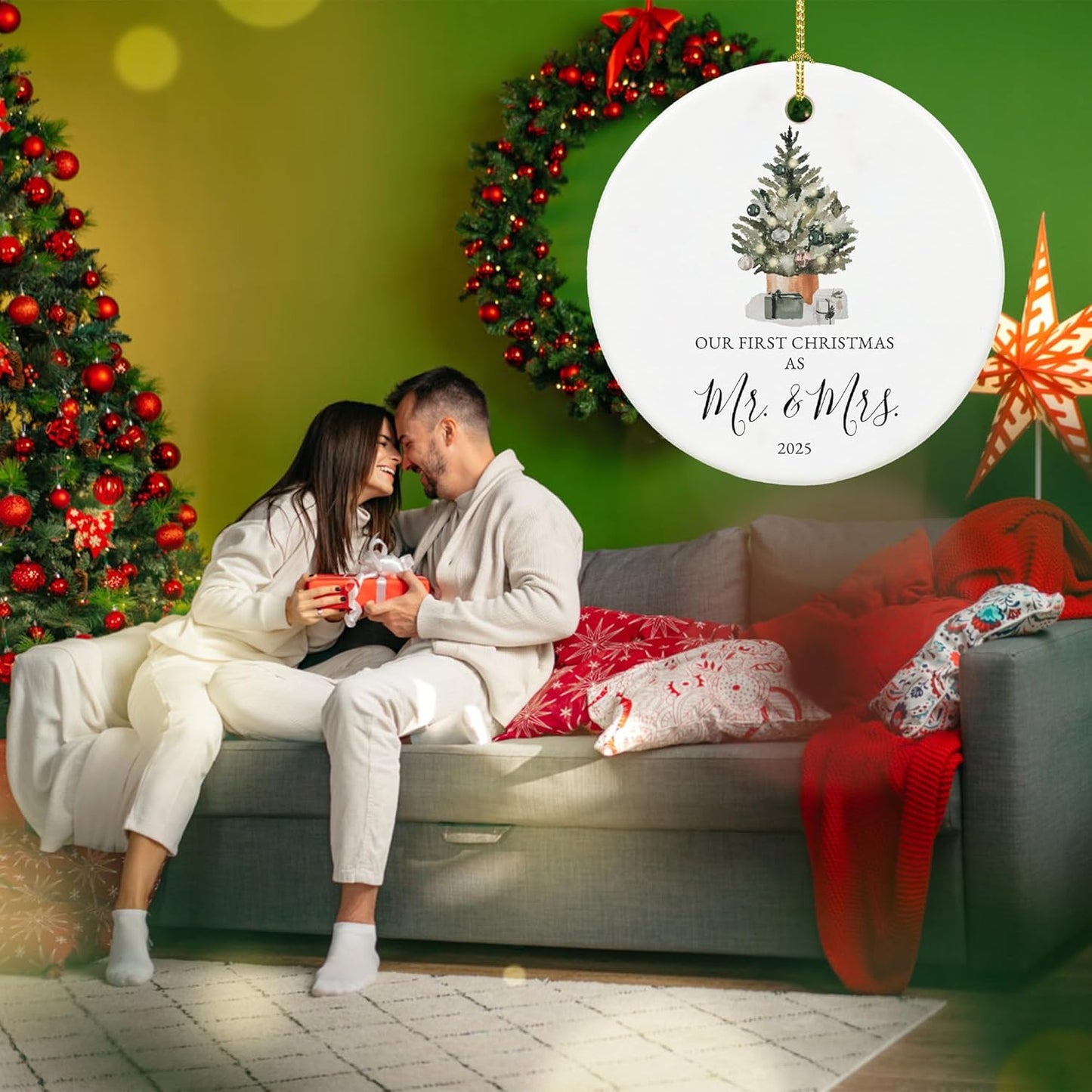 Our First Christmas Married Ornament 2025, Just Married Gifts for Couple, Mr and Mrs, Ceramic Keepsake with Ribbon and Gift Box