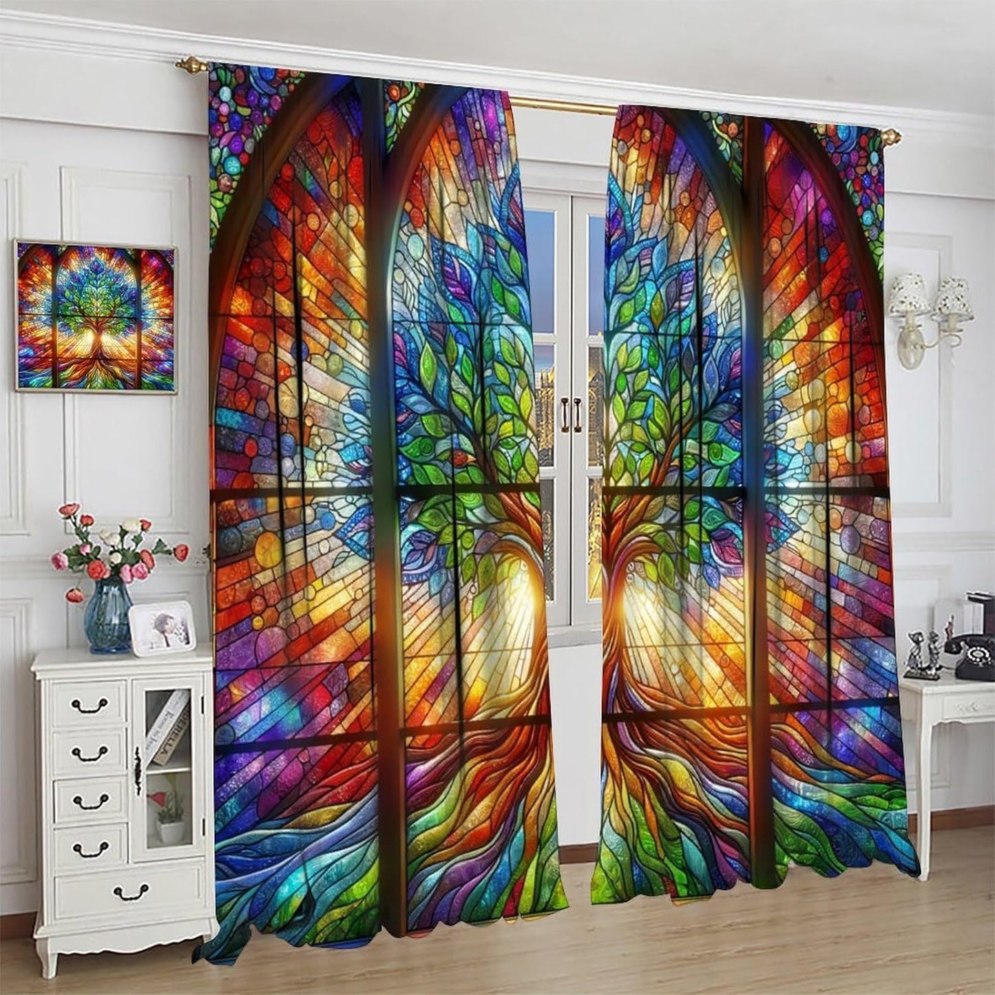 Stained Glass Curtains,Tree of Life Colorful Abstract Art Home Decor Drapes for Bedroom Living Room Kitchen Window Treatment 2 Panels Set Total Size 63" W X 63" L Inch