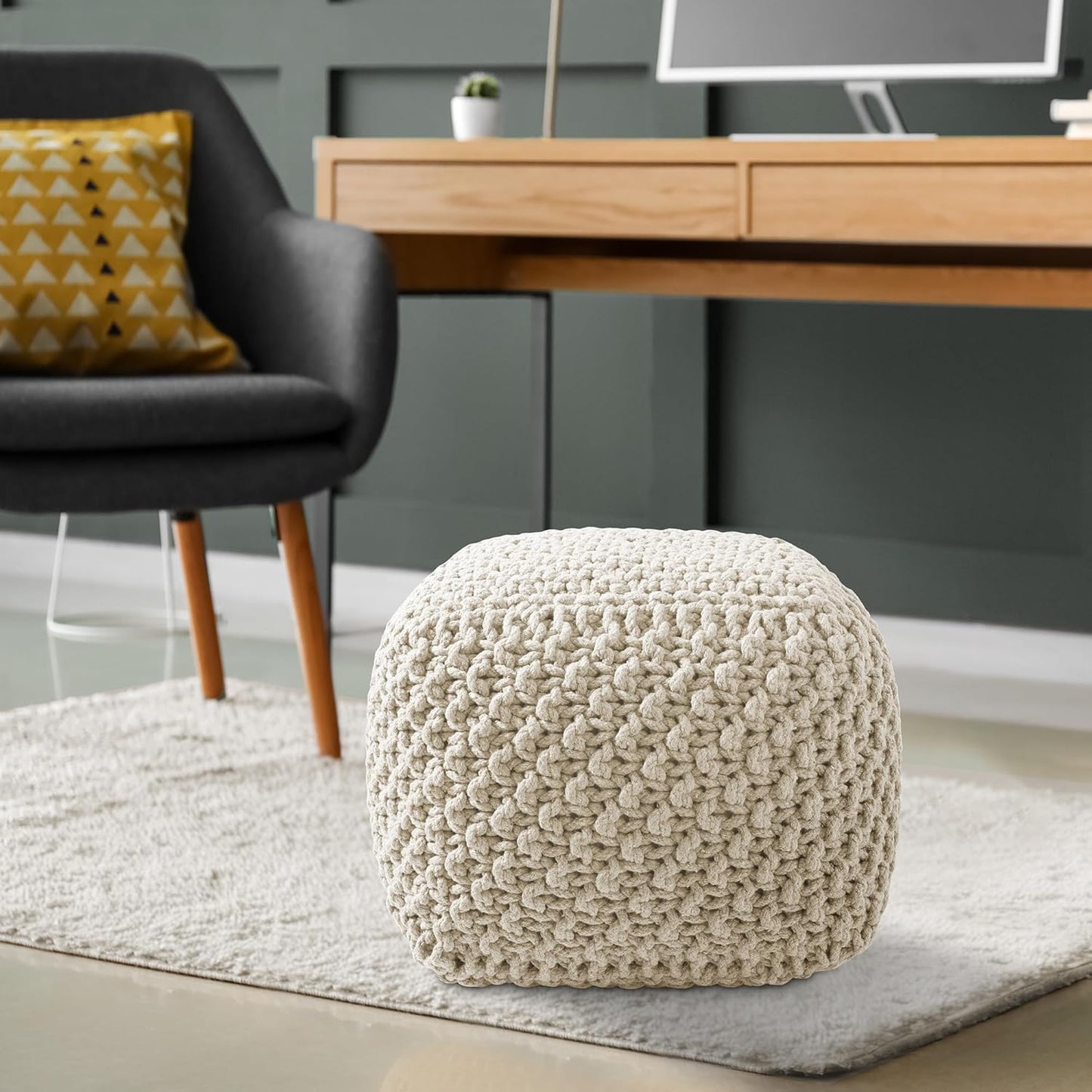 Casafield Square Pouf Ottoman, Natural - 18.5" W x 18.5" D x 14.5" H Cotton Knit Foot Stool - Boho Floor Pouffe for Living Room, Bedroom, Home Office