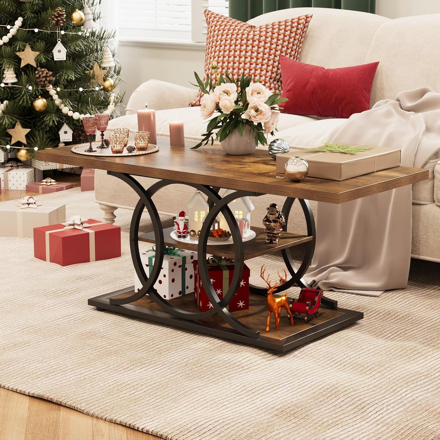 GiftGo Rustic Coffee Table with Storage Industrial 3 Tier Center Living Room Table Farmhouse Wooden Rectangle Cocktail Tea Table for Office Bedroom Elegant Full Moon Round Metal Frame (Brown, L-47)