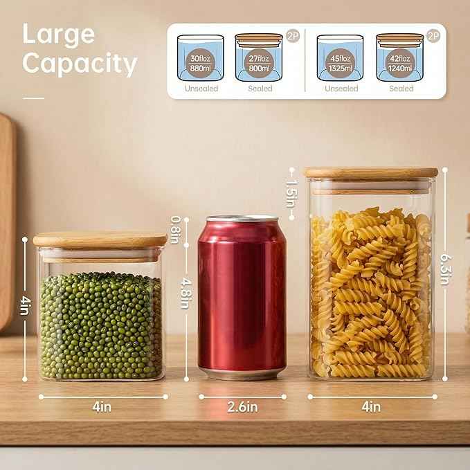42oz & 27oz - 4 Pack Square Glass Jars with Bamboo Lids, Glass Food Storage Containers with Airtight Lids for Kitchen, Air Tight Pantry Storage Containers for Cereal, Pasta, Rice, Sugar, Coffee, Spice