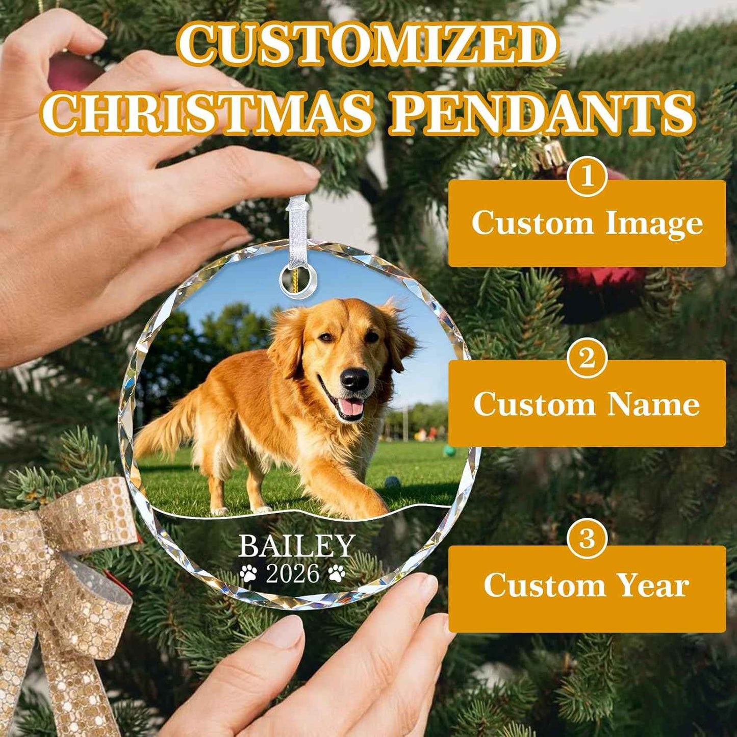 Personalized Dog Cat Ornament with Photo Text - Dog Ornaments 2026 Custom Crystal Pet Ornaments for Christmas Tree Personalized Gifts for Pet Lovers
