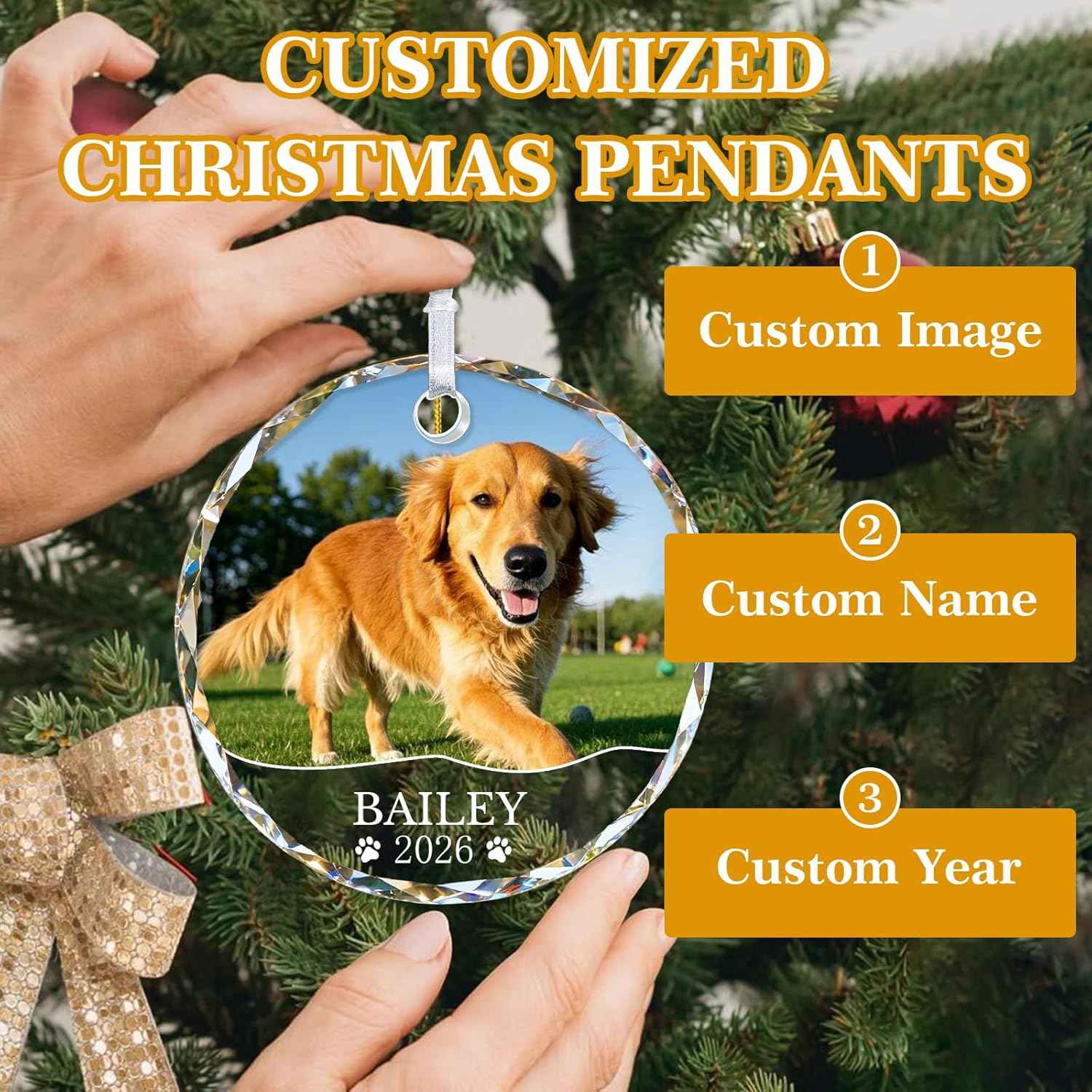 Personalized Dog Cat Ornament with Photo Text - Dog Ornaments 2026 Custom Crystal Pet Ornaments for Christmas Tree Personalized Gifts for Pet Lovers