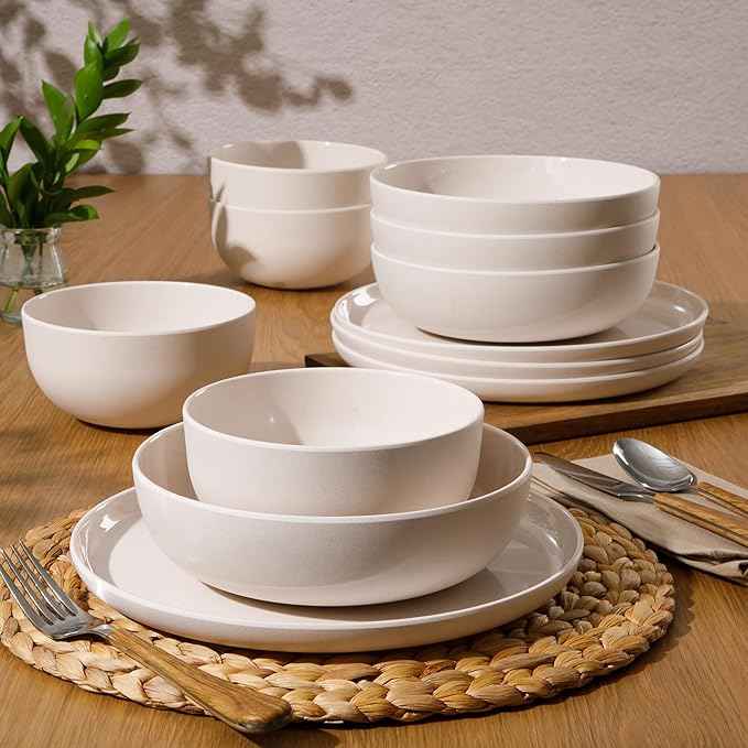 Gibson Home Candy Skies 12 Piece Unbreakable Wheat Straw Melamine Plates and Bowls Dinnerware Set - Outdoor, Camping, & Everyday Use - Matte Exterior/Shiny Interior Taupe Cream