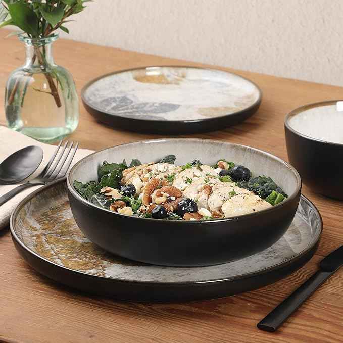 Gibson Elite Chantilly Hill 16-Piece Porcelain Dinnerware Set, Round Plates & Bowls, Multicolor Leaf Design, Microwave & Dishwasher Safe, Service for 4