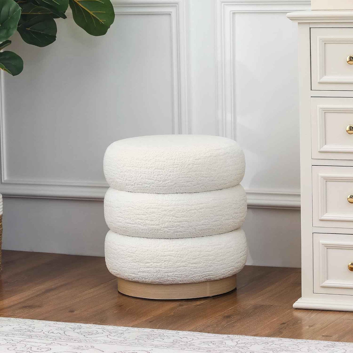 Velvet Round Pouf Ottoman, 16.5" Modern Upholstered Footrest Stool for Living Room & Bedroom Vanity, White