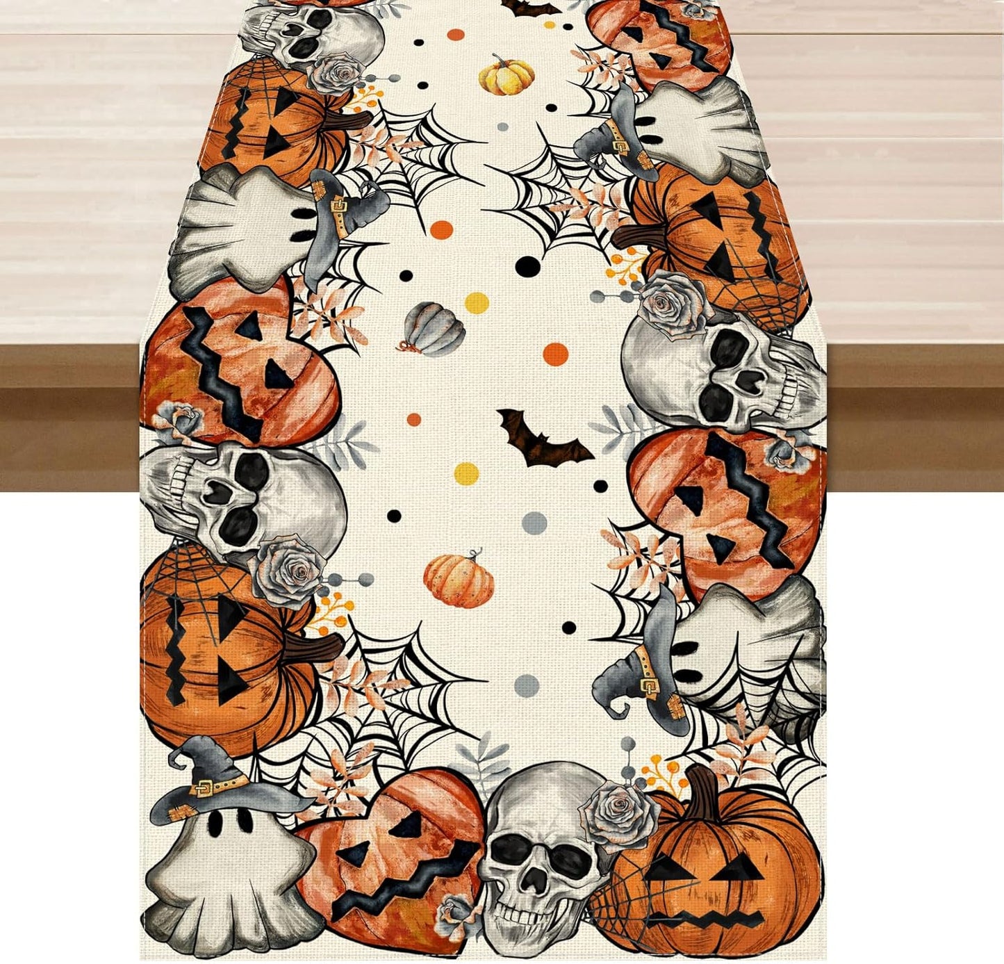 XCHI Spooky Skeleton Ghost Pumpkin Halloween Table Runner Party Table Decoration for Home Kitchen Dining Holiday Decor 13x48 Inch