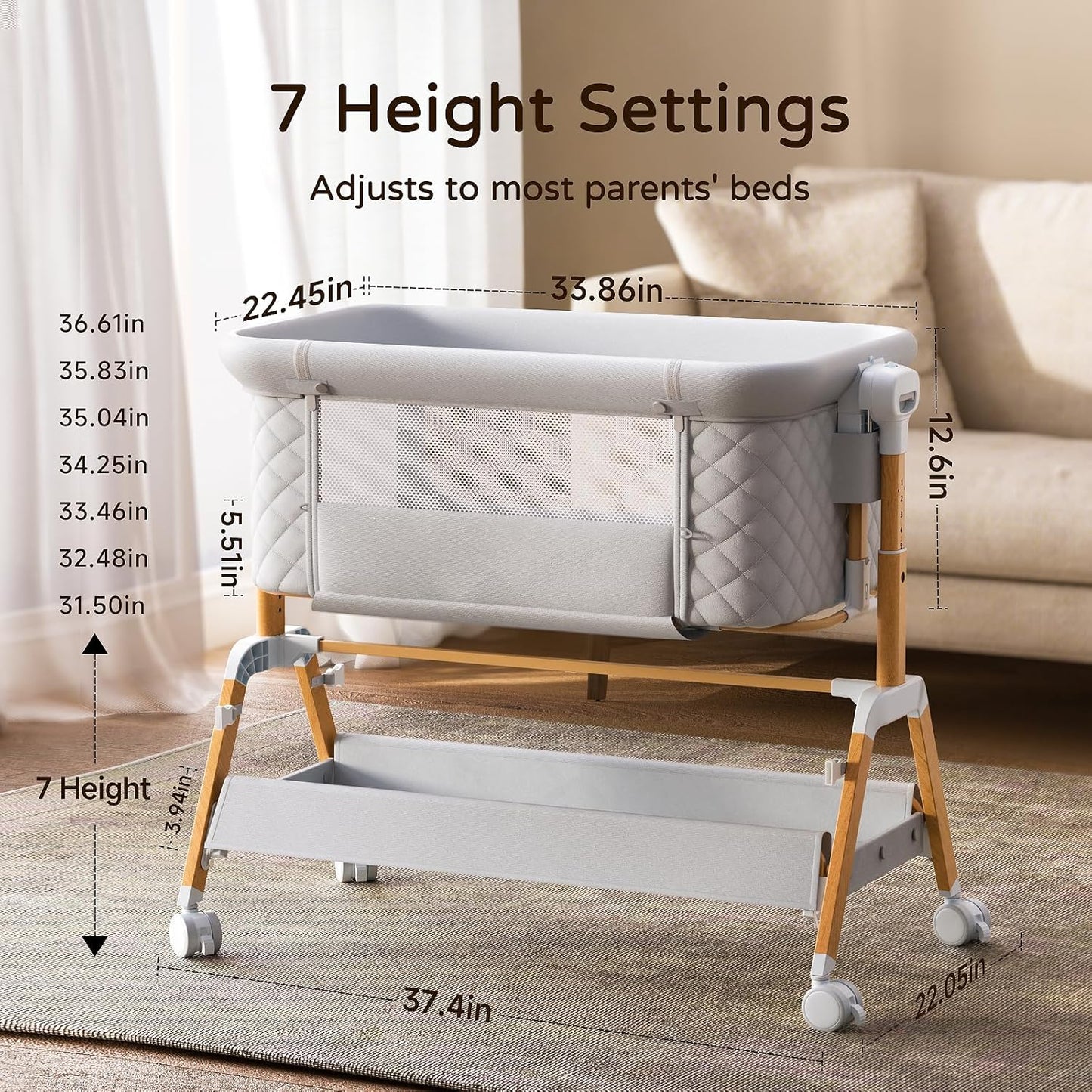 3 in 1 Baby Bassinet Bedside Sleeper,Bedside/Rocking Bassinet for Baby with Waterproof Comfy Mattress and Lockable Wheels,7 Adjustable Height, Easy Folding Portable Crib for Newborn(Gray)