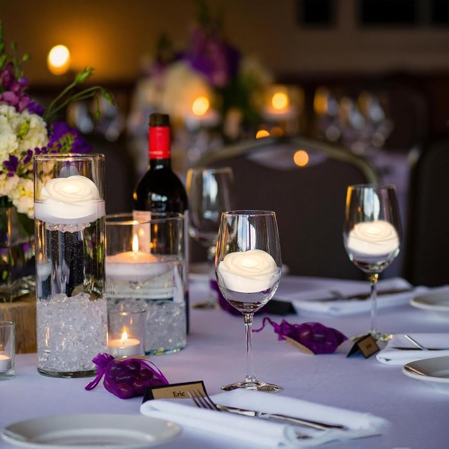 Aignis 6pcs Flameless LED Floating Candles, White Rose Plastic Tealights Battery Operated, 120+ Hours Glow Time, Cozy Light for Romantic Pool/Bathtub/Hot Bath/Wedding Centerpiece Decor(D2.83*H1.42)