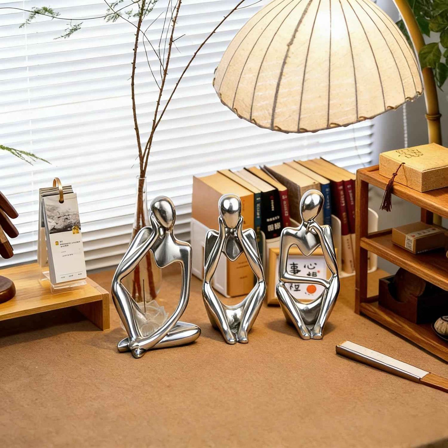 XINXUAN Thinker Statue Home Decor-Bookshelf & Living Room&Mantel-Collectible Figurines - 3 PCS Set (Silver)