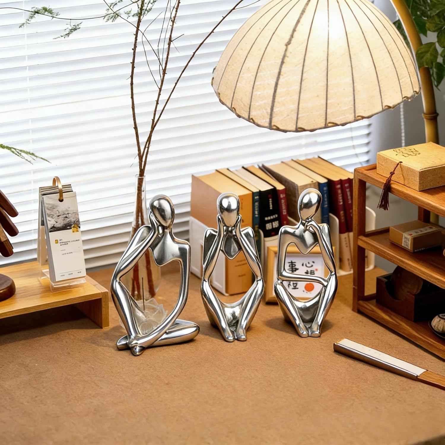 XINXUAN Thinker Statue Home Decor-Bookshelf & Living Room&Mantel-Collectible Figurines - 3 PCS Set (Silver)
