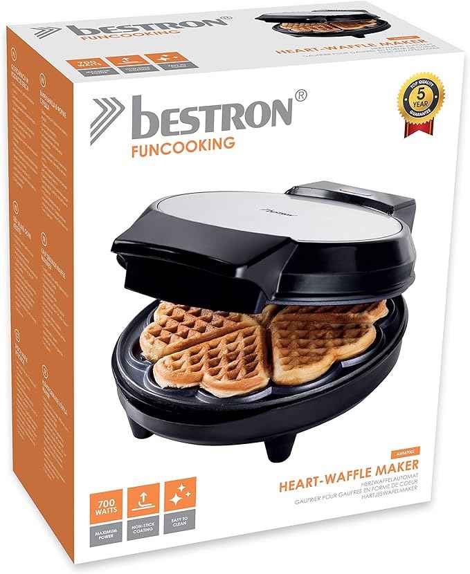 Bestron Waffle Maker for Classic Heart-Shaped Waffles, Waffle Maker with Non-Stick Coating for Heart-Shaped Waffles, 700 Watts, Colour: Silver