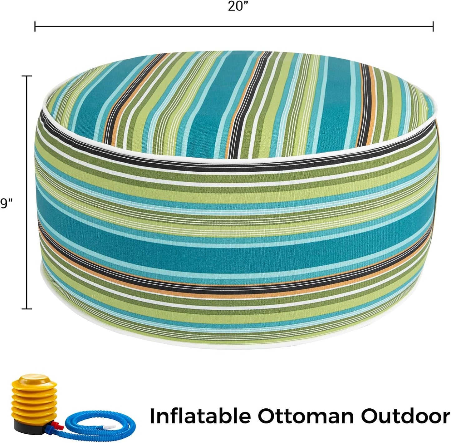 FUNHOME Inflatable Outdoor Ottoman with Air Pump,20"x9" Portable Patio Pouf,Water Resistant,Fade-Resistant,Round Blow Up Footrest Stools for Home Garden Camping Travel(Green Stripe)
