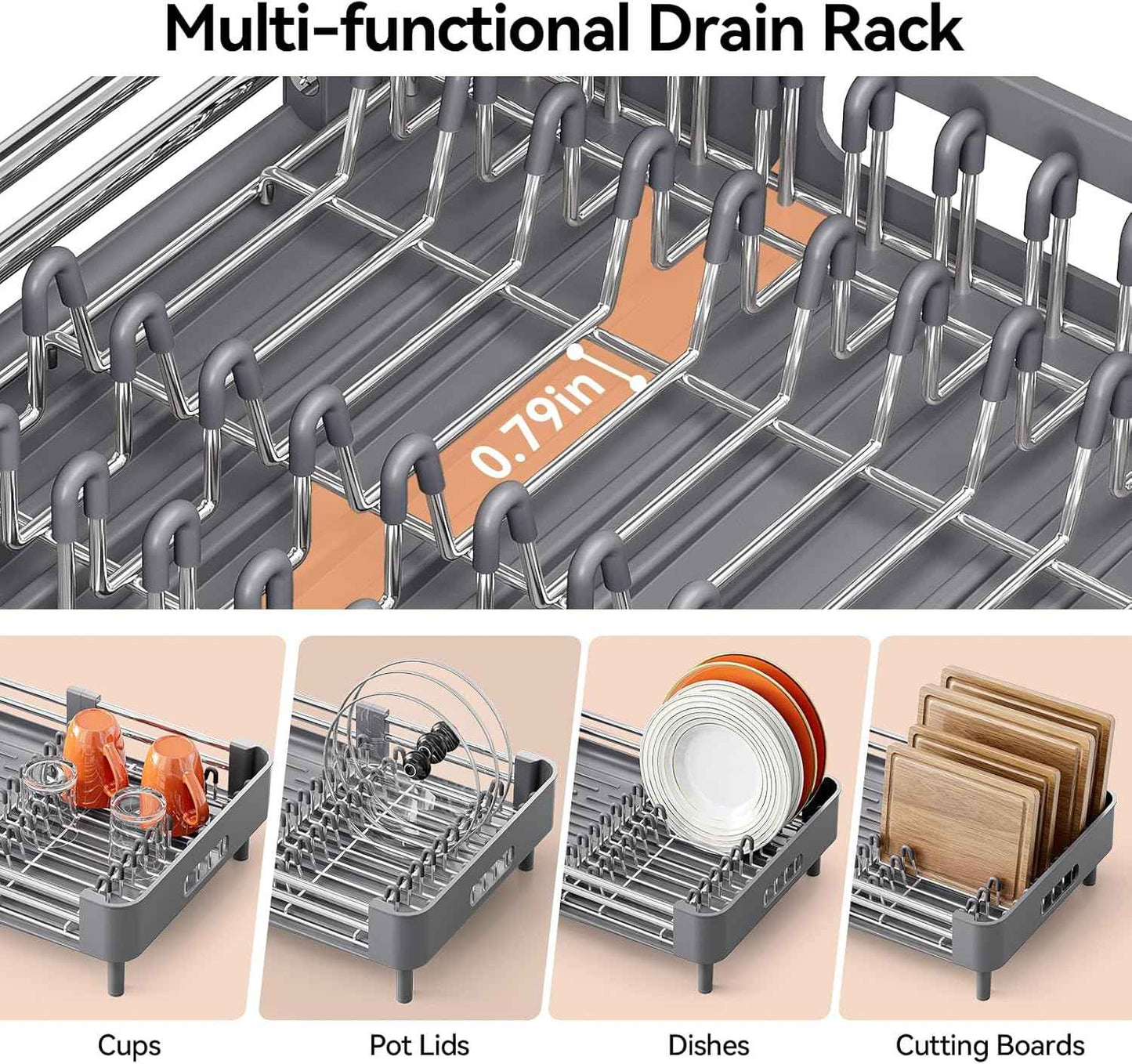 Urackify Stainless Steel Dish Drying Rack - Dish Drainer for Kitchen Counter, Extendable Drainboard with Foldable, Space-Saving Cup & Bowl Organizer, Includes Knife and Utensil Holder, Gray