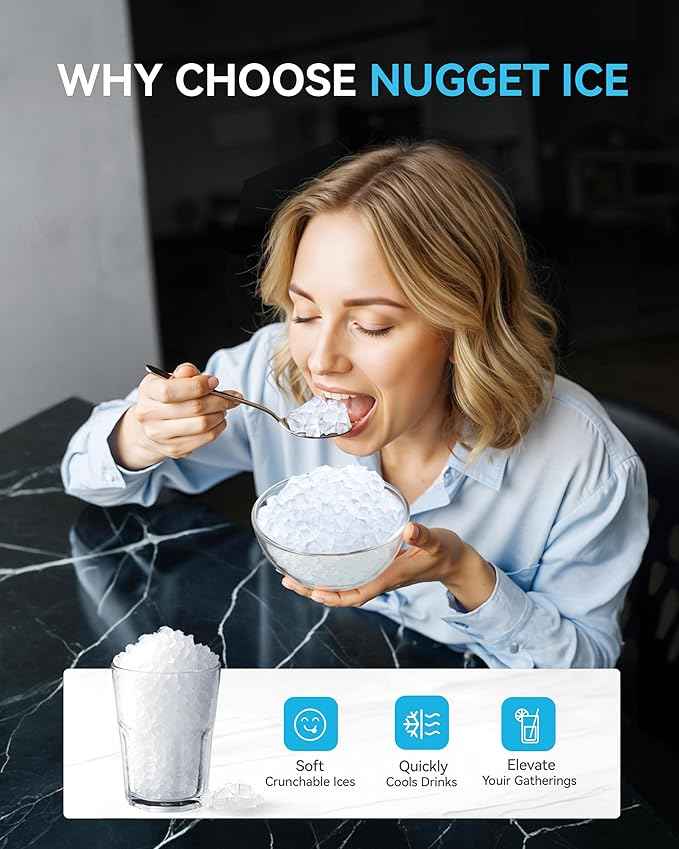 EUHOMY Smart Nugget Ice Maker Countertop, Pebble Ice Maker Machine with APP Control, 40lbs/24H, Ready in 7 Mins, Self-Cleaning, Portable Sonic Ice Makers with Hanging Ice Scoop for Home/Kitchen/Office