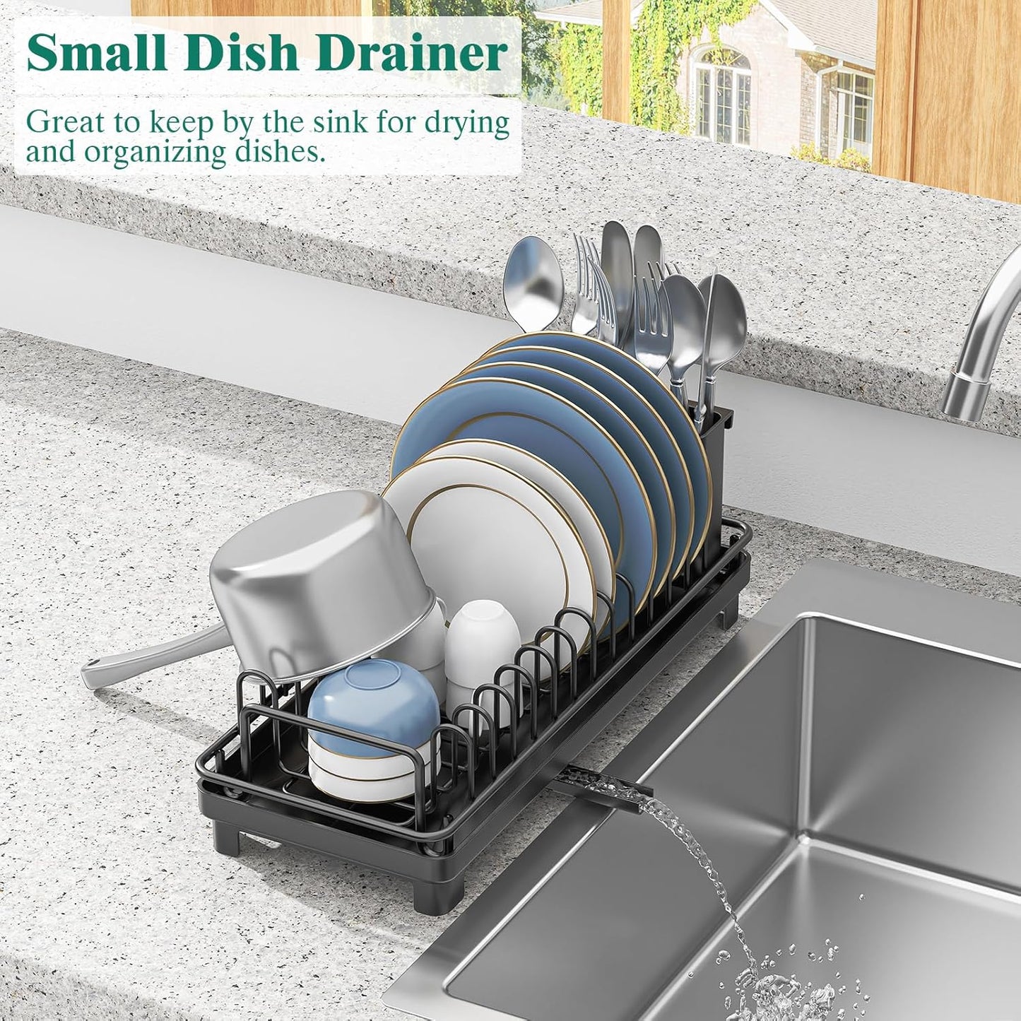 XYZLVSI Small Sink Dish Drying Rack with Drainboard, Compact Dish Drainer for Kitchen Countertop, Rustproof Plate Organizer with Utensil Holder, Black