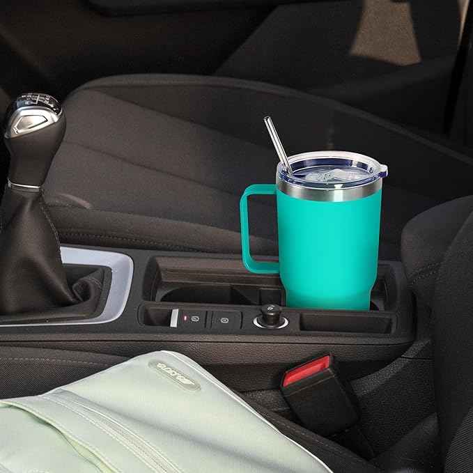 20 oz Tumbler with Handle, insulated cup coffee mug with lid, straw and handle, Double Wall Stainless Steel Vacuum Coffee Tumbler travel mug spill proof, 1pcs Light Green