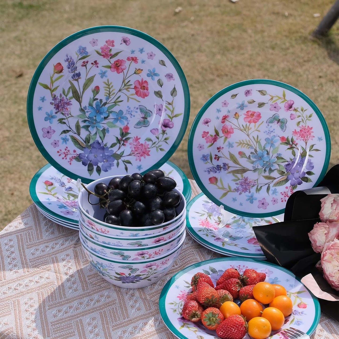 Melamine Dinnerware Set 12-Piece for 4 Dish Set Plates Bowls Unbreakable Dishware for Indoor Outdoor Use Lightweight Durable for Camping Picnics Parties Green
