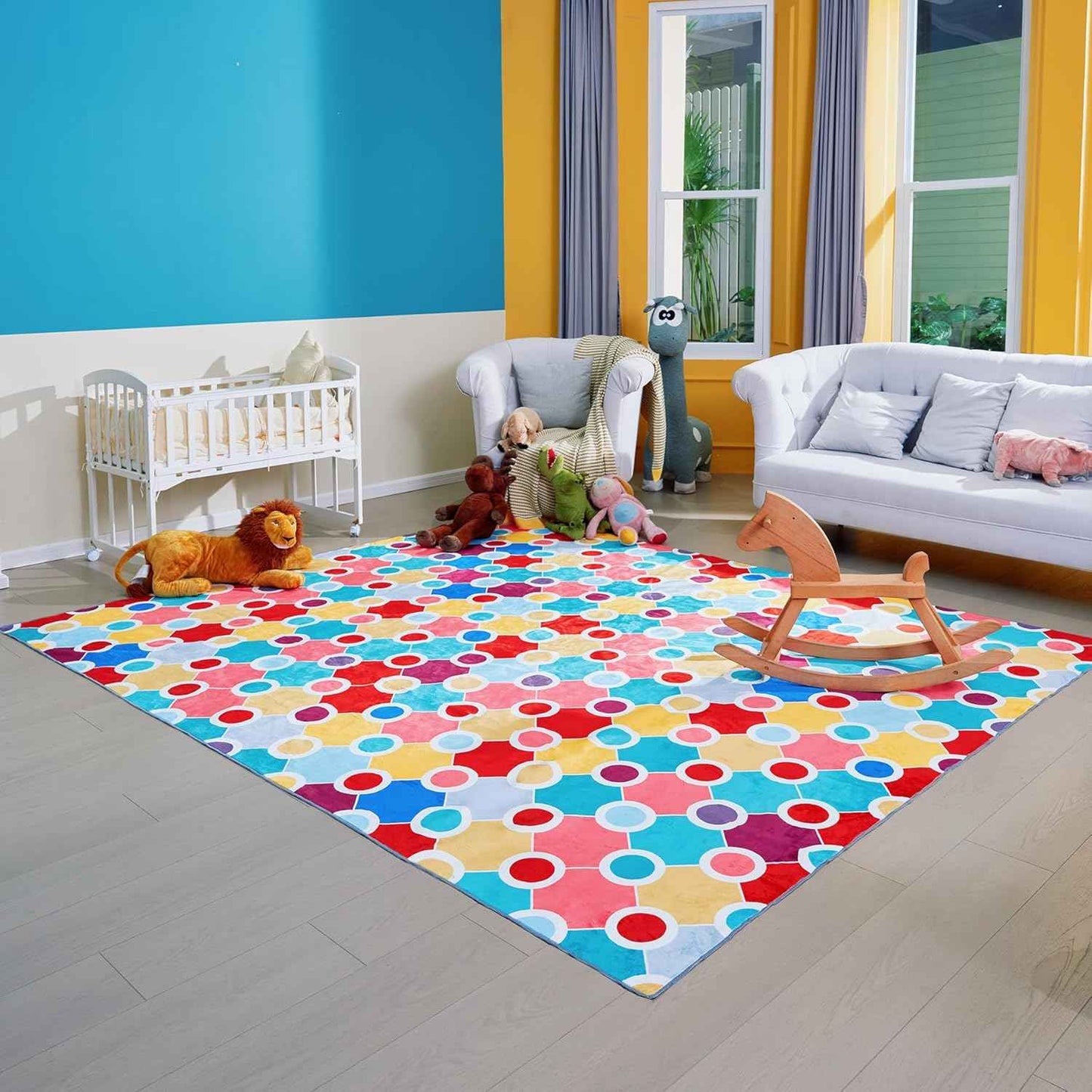 Machine Washable Polka Dot Rug for Kids Area - Multicolor Soft Rug for Nursery/Playroom/Classroom - 6x9