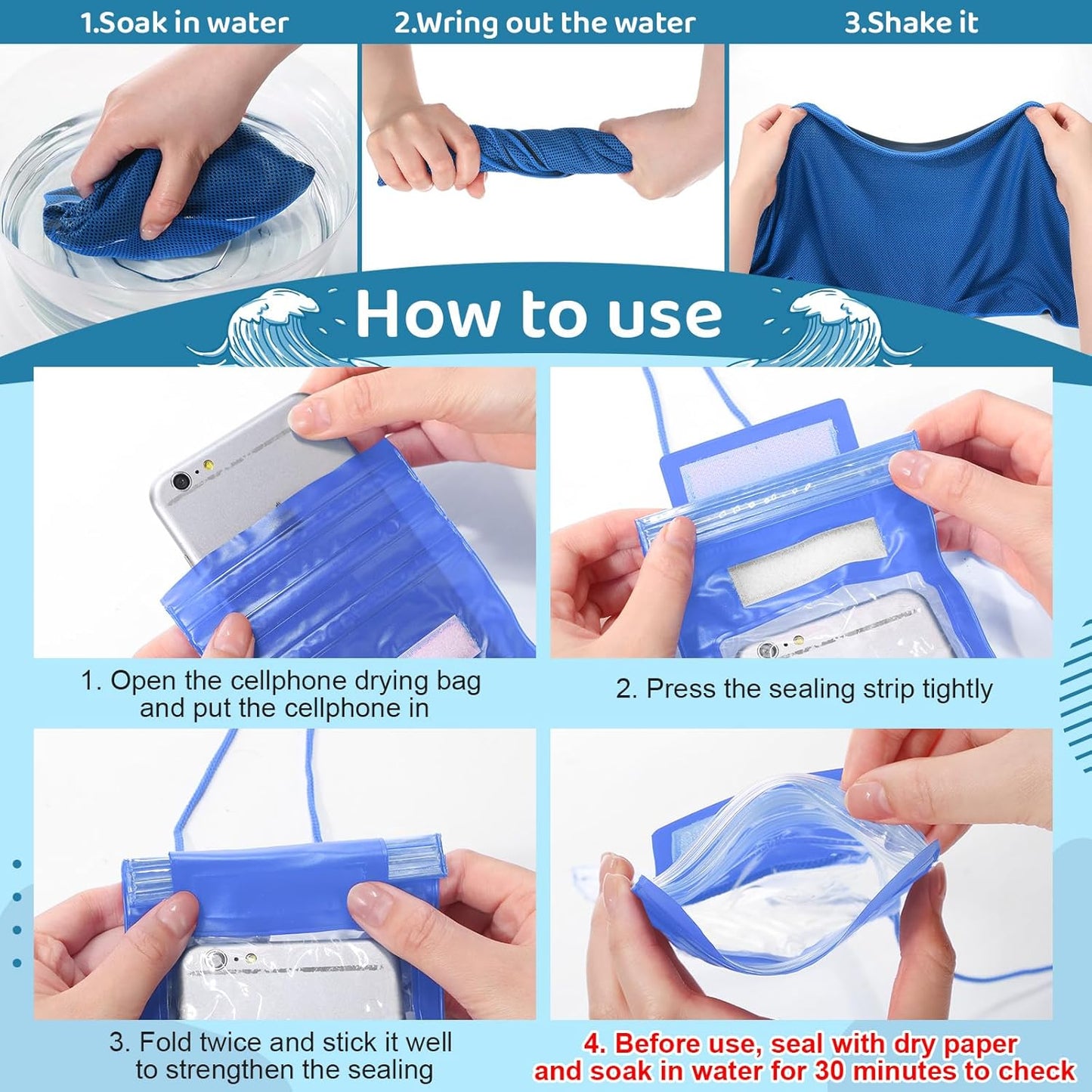 BBTO 48 Pcs Cooling Towels Waterproof Cell Phone Pouch Set 24 40" x 12" White Ice Towel for Neck and Face 24 6.7" Underwater Cellphone Dry Bag with Lanyard for Running Yoga Snorkeling Swimming