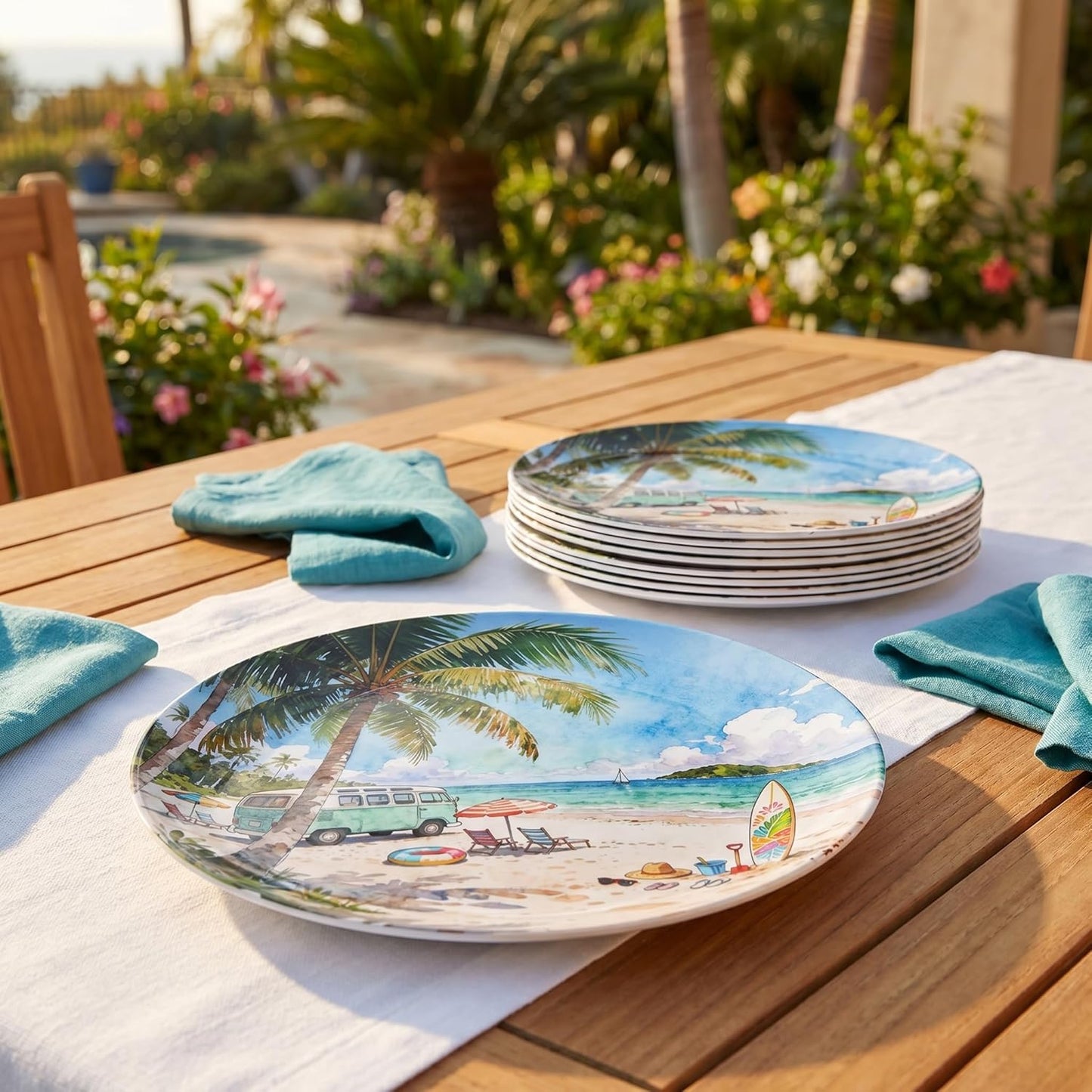10.5 Inch Melamine Plates Set of 12 – Lightweight & Unbreakable Dinner Plates, Chip Resistant & Dishwasher Safe, Summer Beach Design for Indoor and Outdoor Use