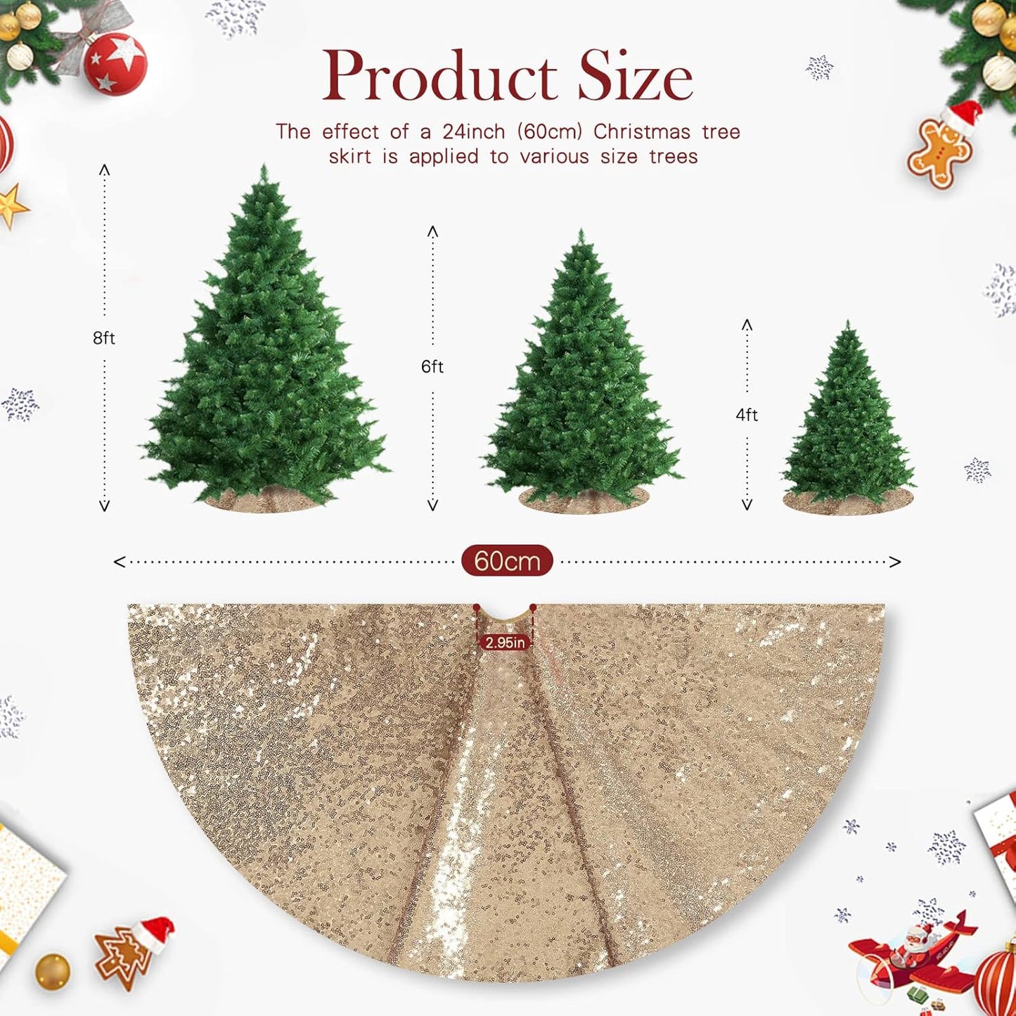 Christmas Tree Skirt 24 inch Champagne Gold Tree Skirt Small Sequin Tree Skirt for 4ft Christmas Tree Decorations