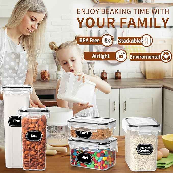 PRAKI Airtight Food Storage Containers with Lids, 12PCS Plastic Kitchen Storage Containers for Pantry Organizers and Storage - Cereal, Rice, Flour and Sugar Containers with Labels & Marker