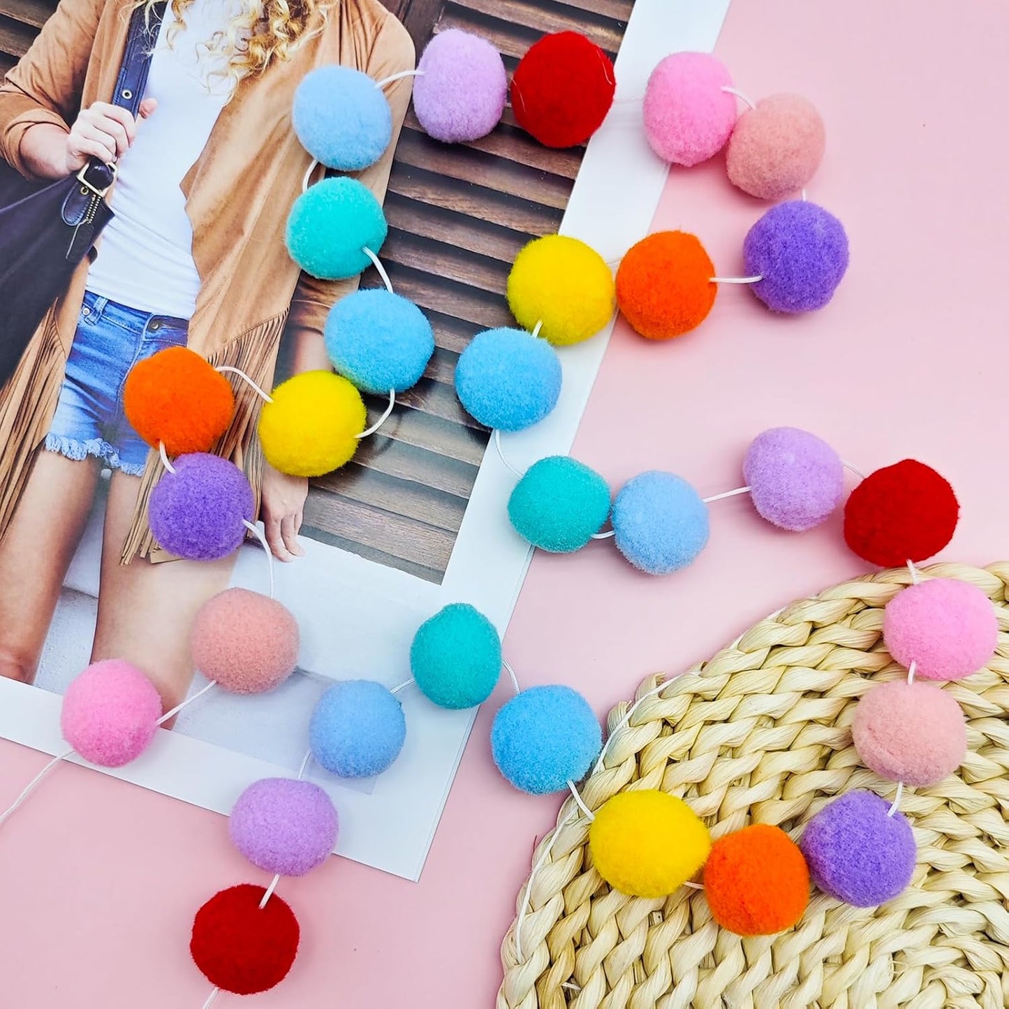 4 Pack Colorful Pom Pom Garland, 26.5 Feet Long Felt Ball Rainbow Banner, 30 Balls 10Color Felt Ball Garland for Christmas Tree Decoration Party Hanging Decor