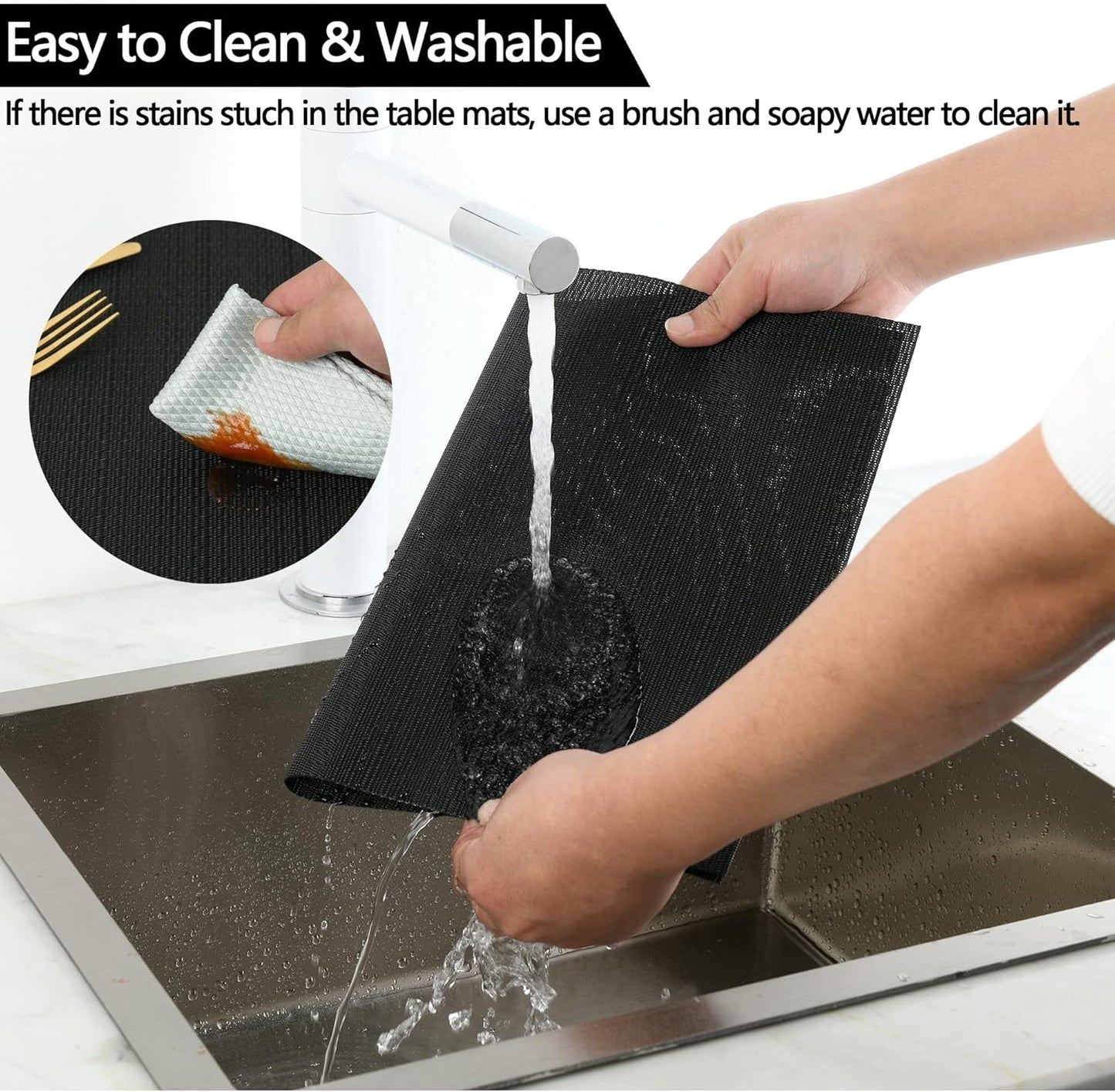 Black Placemats Set of 8 - Easy Clean Washable Vinyl Placemats - Heat Resistant Placemats for Kitchen Table - PVC Table Mats for Dining Table (Pure Black, 8)