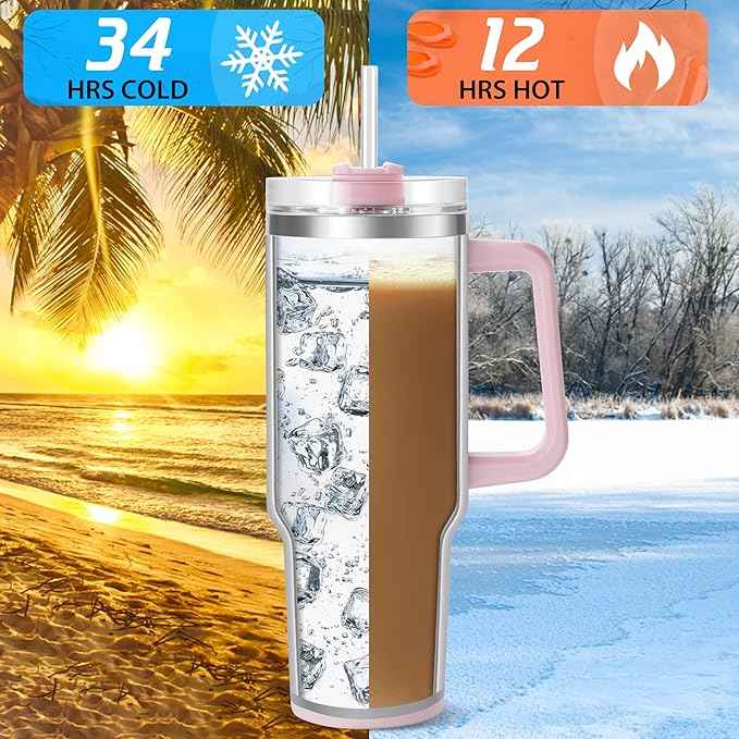TaroKitc 40 oz Tumbler with Handle | Stainless Steel Insulated Iced Coffee Cup with Lids and Straw | Insulated Travel Mug | Keeps Cold for 34 Hours | Dishwasher Safe, BPA Free | LAVENDER