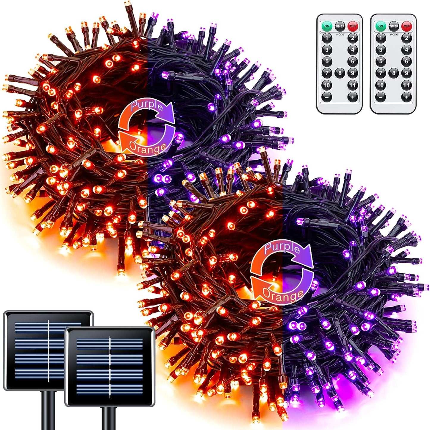 JMEXSUSS Orange and Purple Solar Halloween Lights, 2 Pack 100 Led Color Changing Christmas Lights Outdoor, 33ft 8 Modes Solar String Lights Waterproof for Halloween, Christmas, Tree Decor