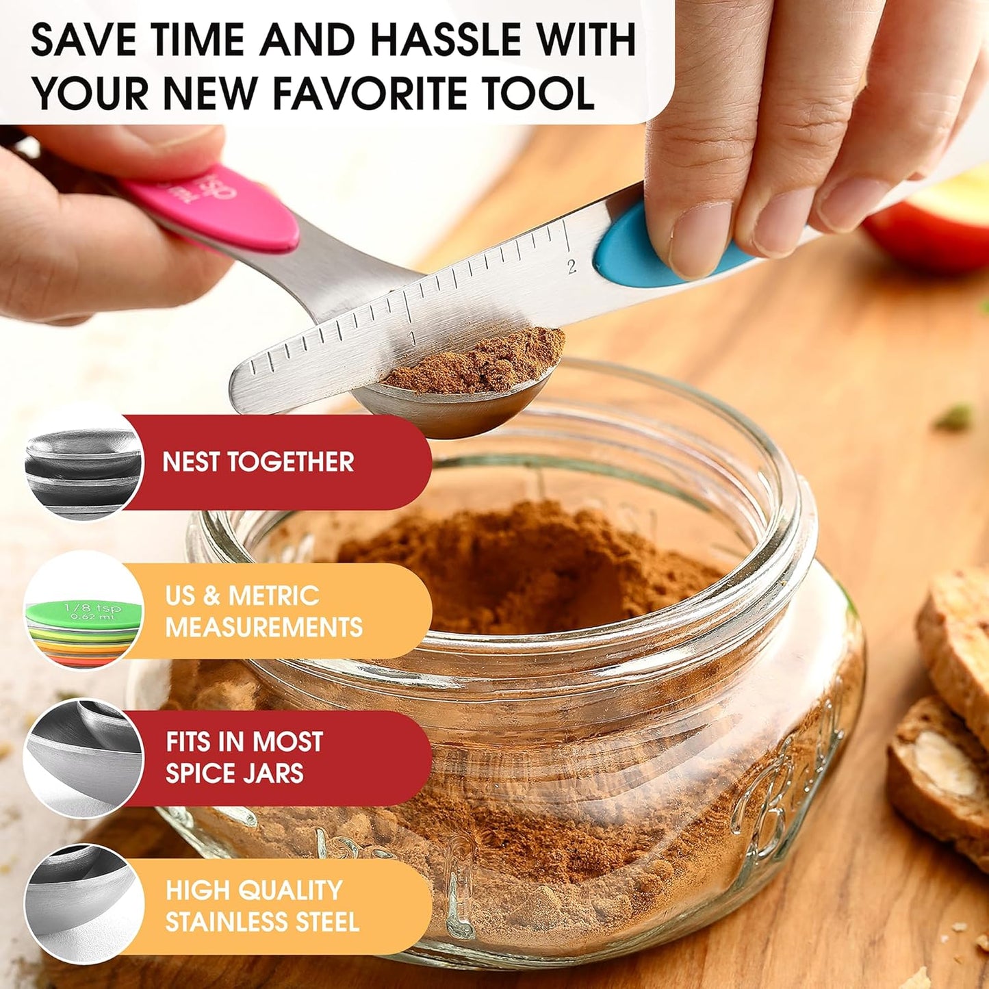 Spring Chef Stainless Steel Magnetic Measuring Spoons Set of 8 with Leveler, Nesting Metal Teaspoon & Tablespoon Measuring Spoons, Kitchen Gadgets for Baking & Cooking, Fits in Most Spice Jars - Neon