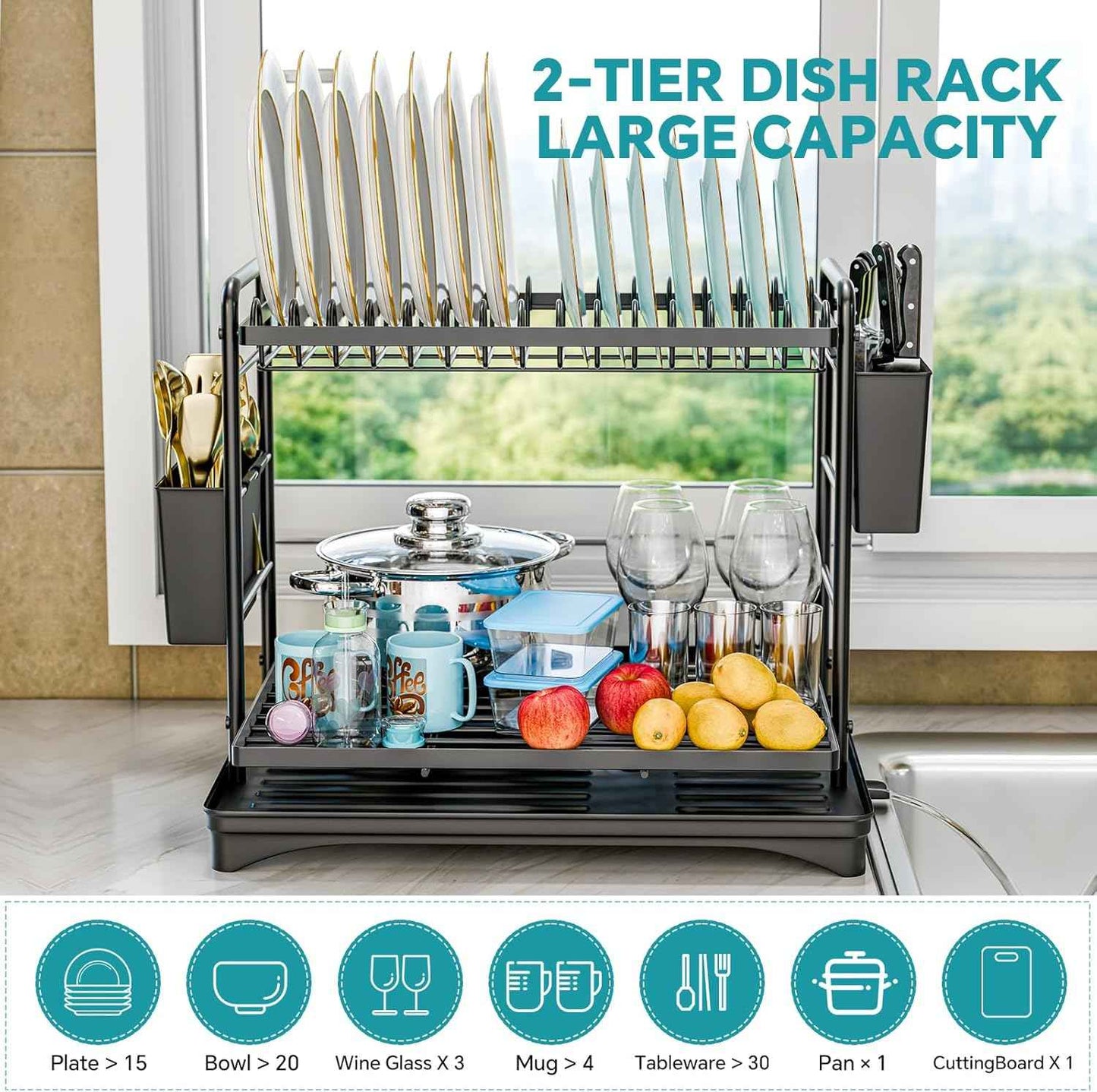 Simple Trending Dish Rack, Dish Drying Rack 2 Tier, Stainless Steel Dish Drainers with Utensil Holder and Drainboard for Kitchen Sink Organizers, 12" w x 16.6" L, Black
