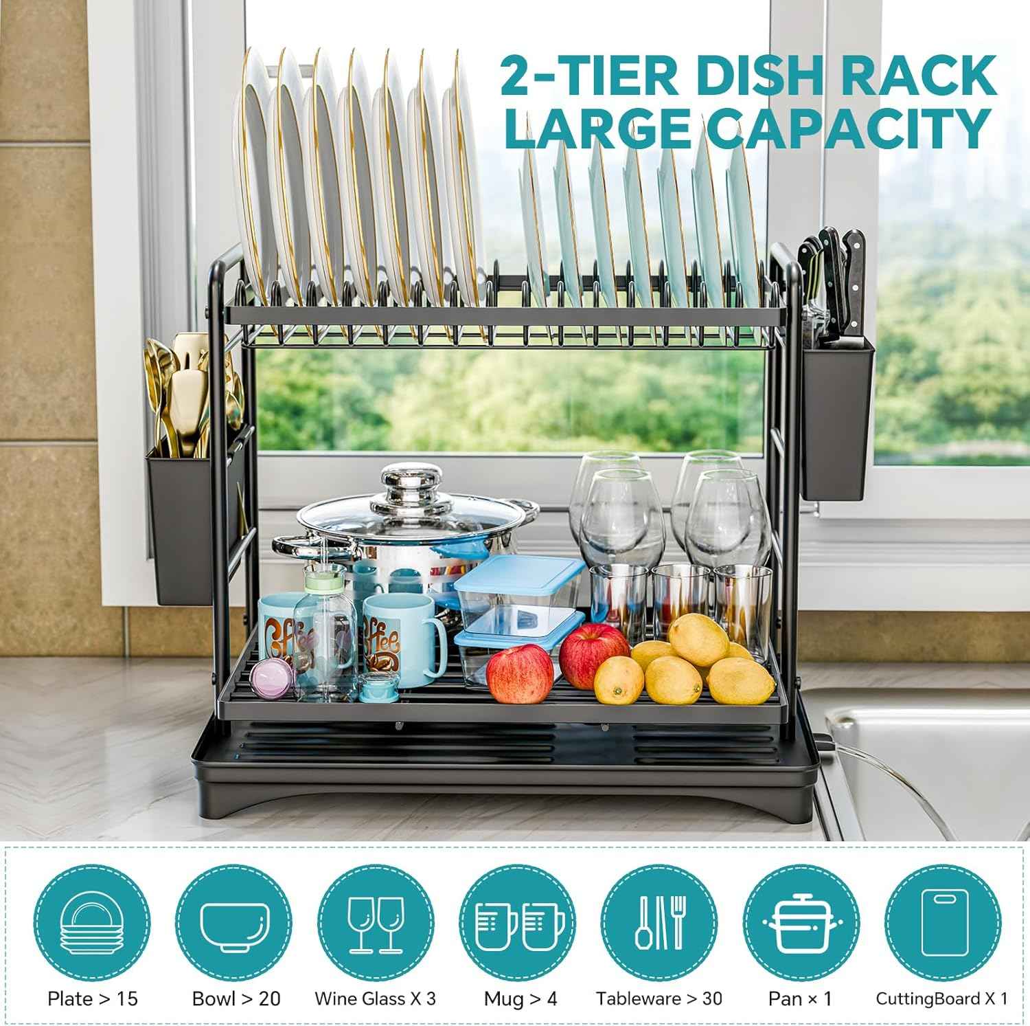 Simple Trending Dish Rack, Dish Drying Rack 2 Tier, Stainless Steel Dish Drainers with Utensil Holder and Drainboard for Kitchen Sink Organizers, 12" w x 16.6" L, Black