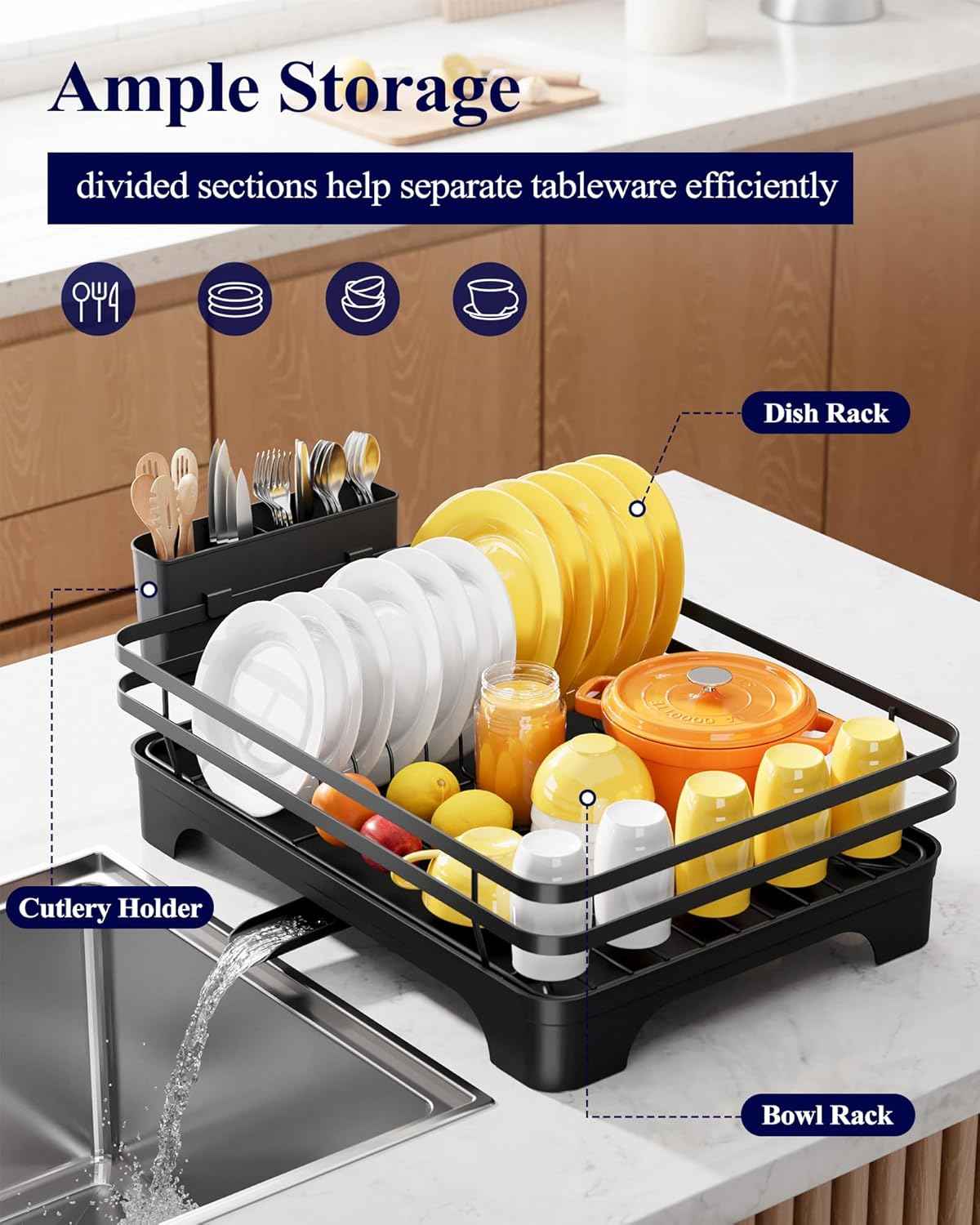 Kitsure Dish Drying Rack - Multi-Functional Dish Rack for Kitchen Counter with Cutlery Holder, Rust-Proof Storage Solution with Rotatable, 15.7" x 12.0" x 5.5", Black
