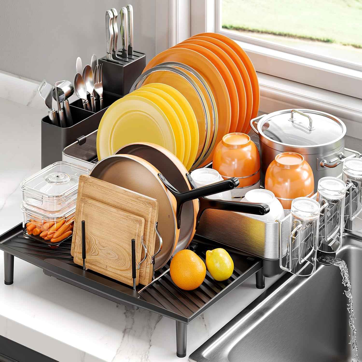 Urackify Dish Rack for Kitchen Counter, 304 Stainless Steel Dish Drying Rack, Expandable Dish Drainer, Foldable Dish Strainer with Cutlery Holder, Kitchen Plate Rack (Black, Large Size)