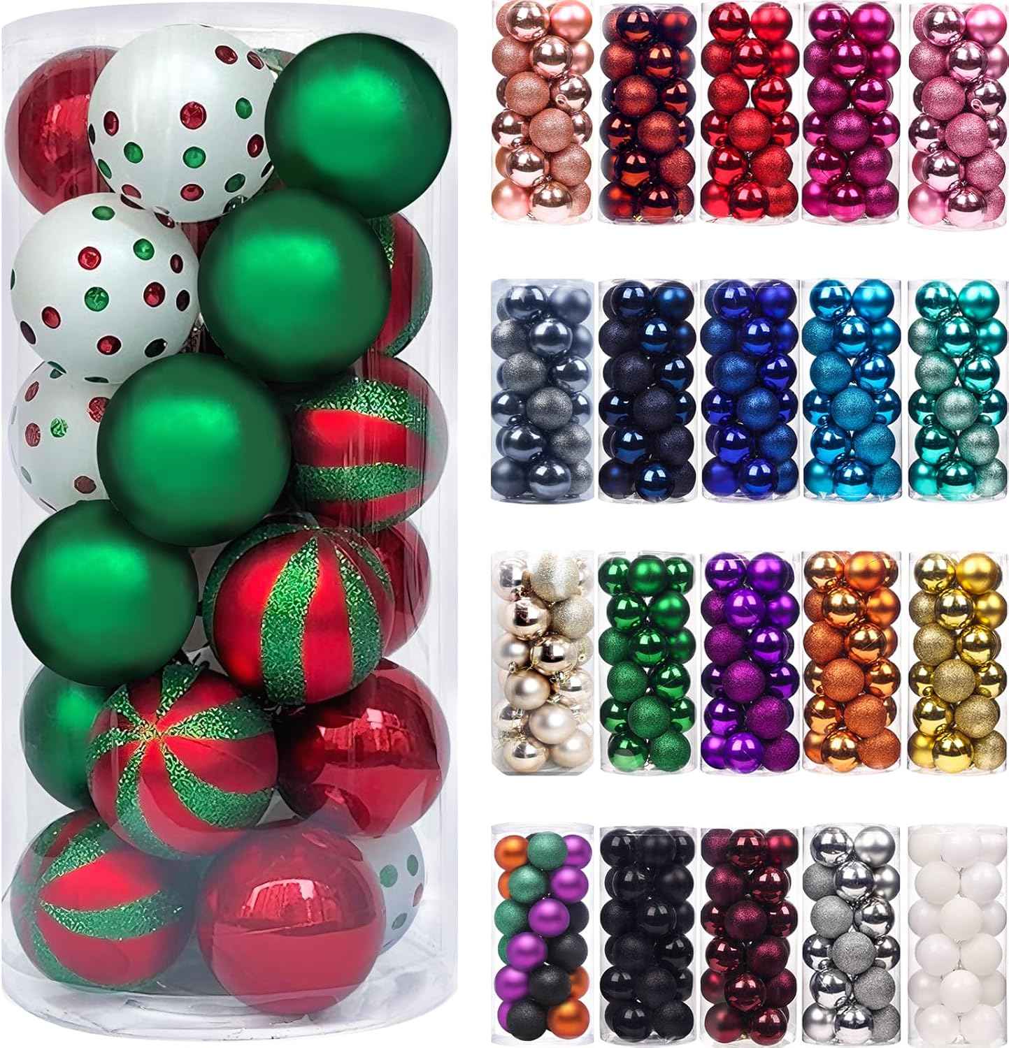 Emopeak 24Pcs Christmas Balls Ornaments - 2.5 Inch Glittering Red Green White Christmas Ball Ornaments Shatterproof Xmas Tree Hanging Ball, Hanging Bulbs for Home Holiday Party
