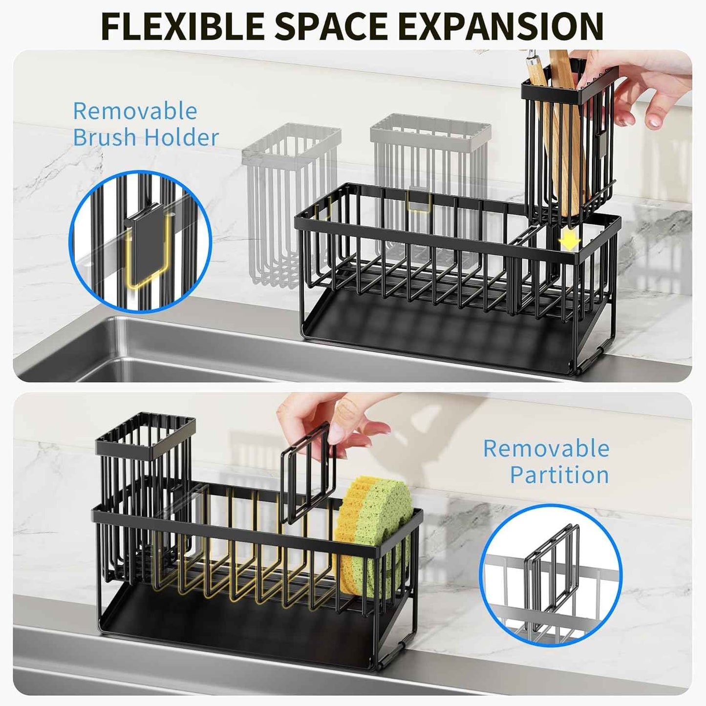 Cisily Sink Caddy Sponge Holder for Kitchen with Brush Holder and Stainless Steel Self Drain Tray, Rustproof Kitchen Sink Organizer for Sponge, Soap Dispenser Storage Accessories
