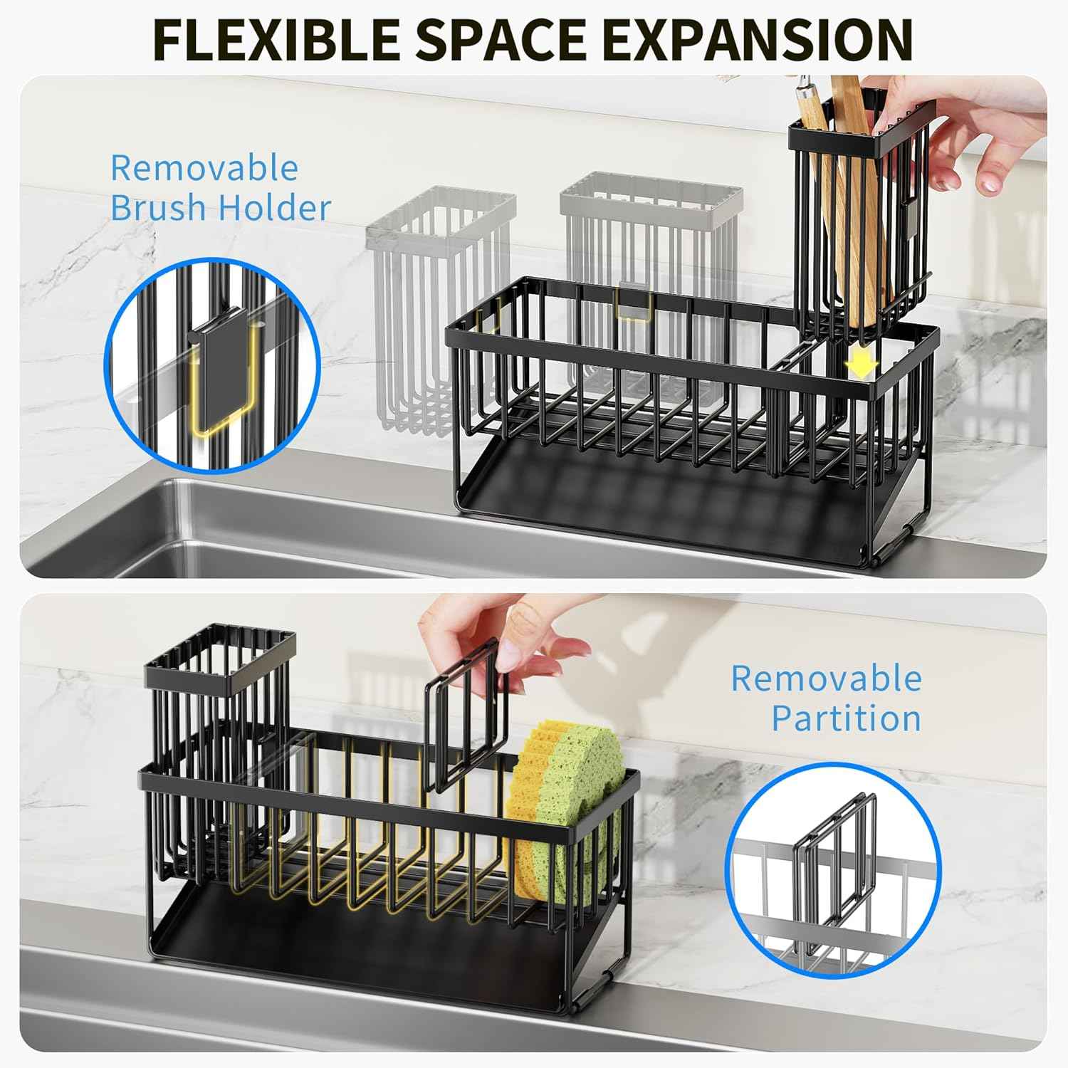 Cisily Sink Caddy Sponge Holder for Kitchen with Brush Holder and Stainless Steel Self Drain Tray, Rustproof Kitchen Sink Organizer for Sponge, Soap Dispenser Storage Accessories