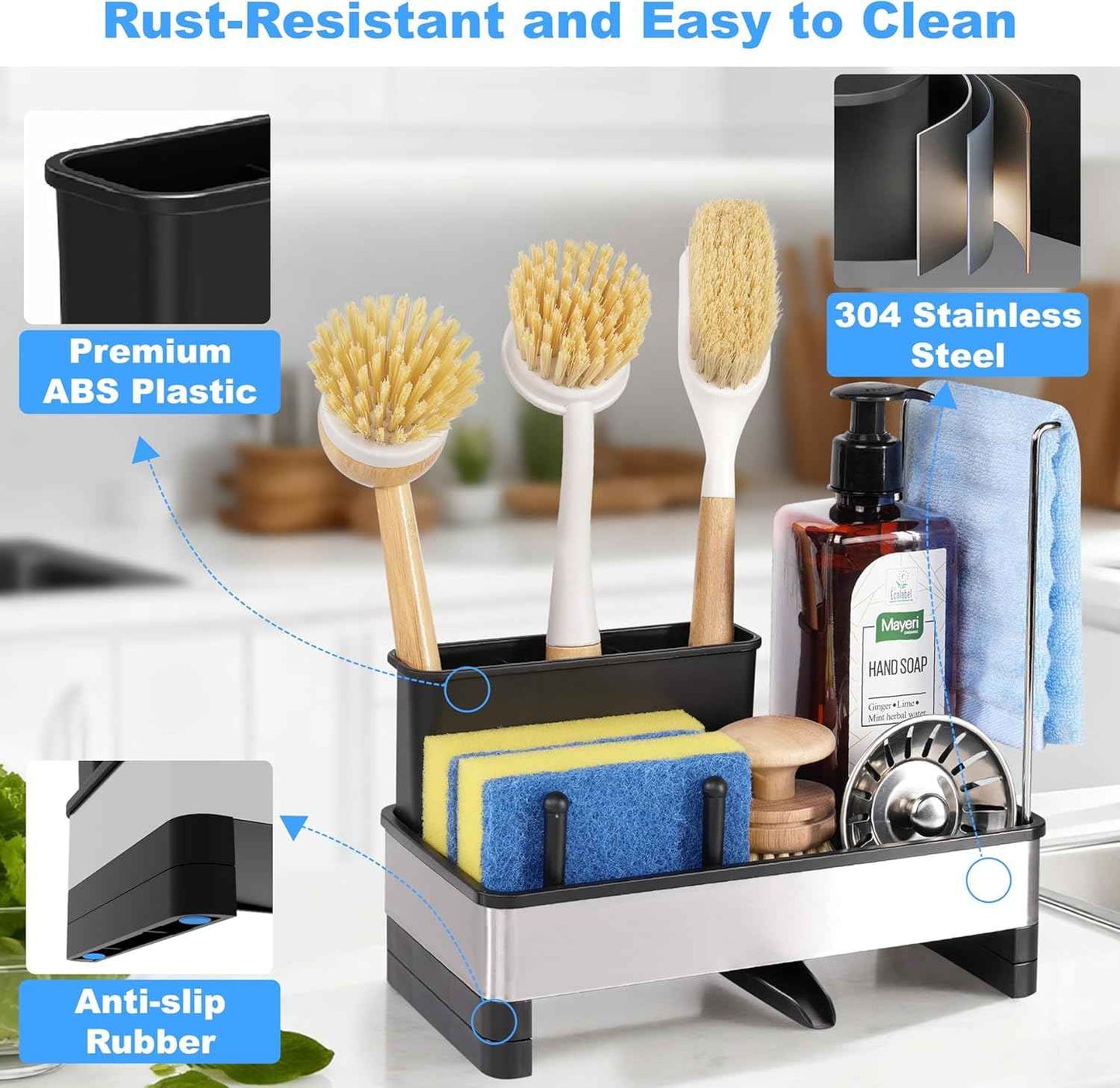 Kitchen Sink Caddy Organizer, Stainless Steel Sponge Holder, Kitchen Caddy Sink Organizer with Dish Brush Holder and Dishcloth Rack, Rustproof Dish Sponge Drying Rack for Countertop Storage