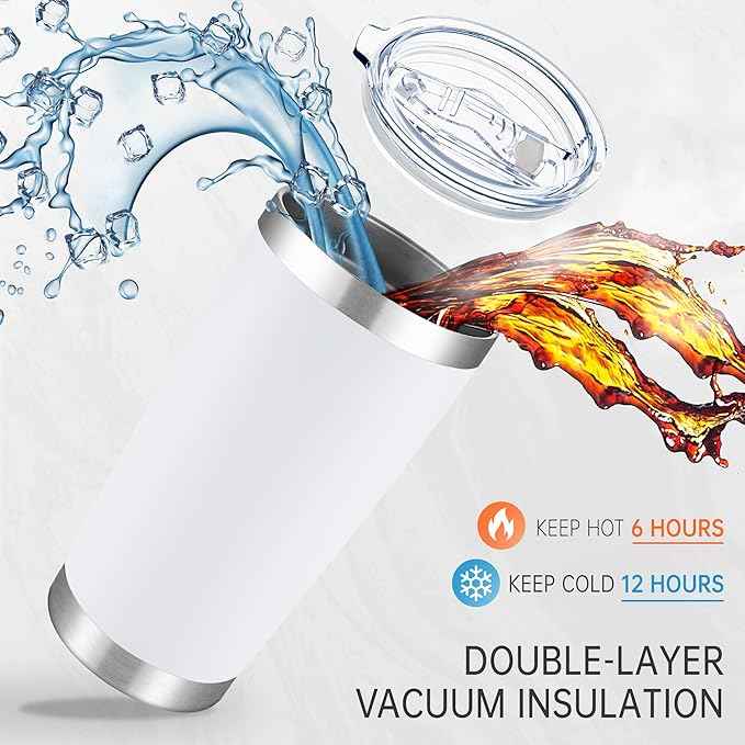 20 oz Tumblers Bulk Stainless Steel Tumbler with Lid Double Wall Vacuum Insulated Coffee Mug 20oz Powder Coated Cup for Hot and Cold Drinks, White, 6 pack